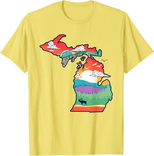 Miniatura 20 de Michigan Outside Vintage Nature Illustration Artistic T-Shirt Slate Grey,White,Baby Blue,Red,Silver Grey,Dark Green,Kelly Green,Olive Green,Lemon