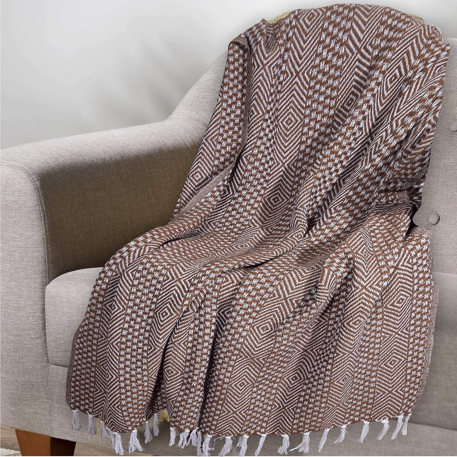 Marubhumi Throw Blanket Lightweight Herringbone Stripe, Broken Twill Weave Indoor Outdoor Travel Accent Throw for Sofa Comforter Couch Bed Recliner Living Room Bedroom Decor (Brown, 50" x 60")