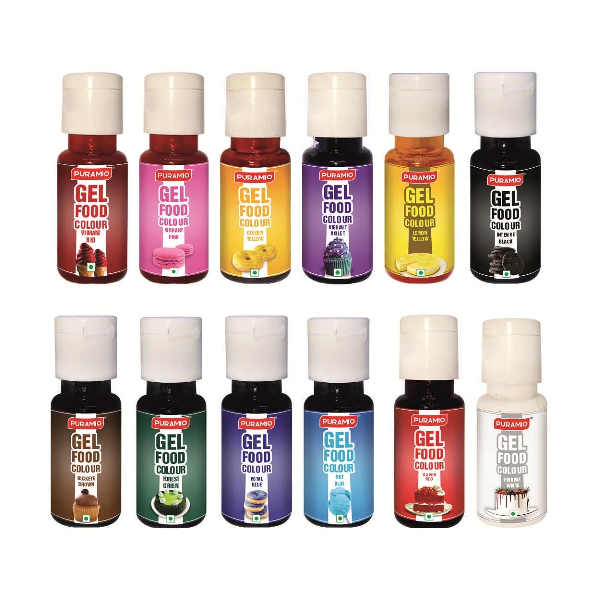 Gel Food Colour Combo Pack of 12 (20g Each) - Vibrant Red, Super Red, Buckeye Brown, Intense Black, Vibrant Pink, Forest Green, Vibrant White, Golden Yellow, Lemon Yellow, Royal Blue, Sky Blue, Vibrant Voilet