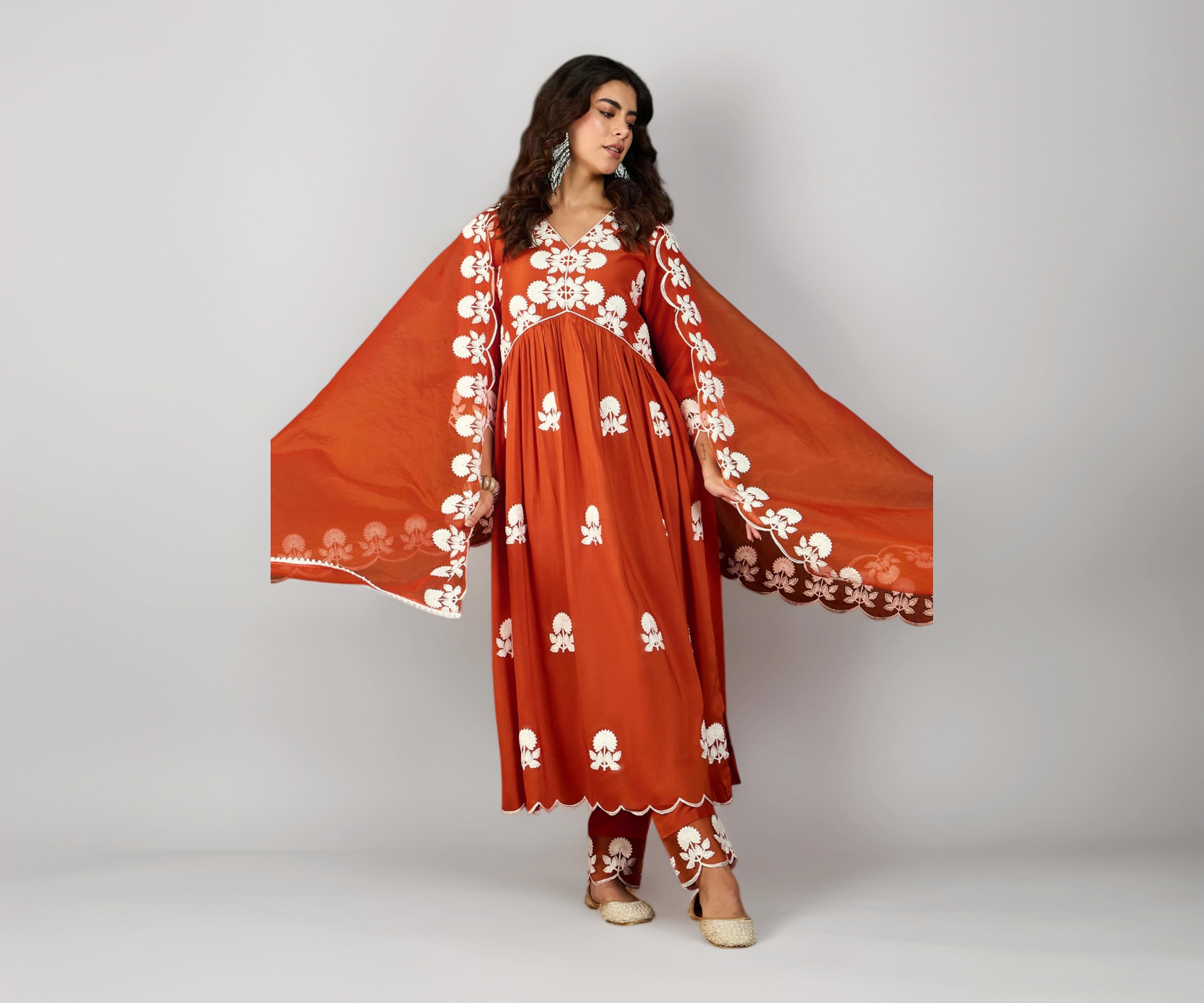 SheWill Women's Silk Blend Chain Work Embroidered A Line Kurta with Pant Set For Wedding, Ethnic Wear