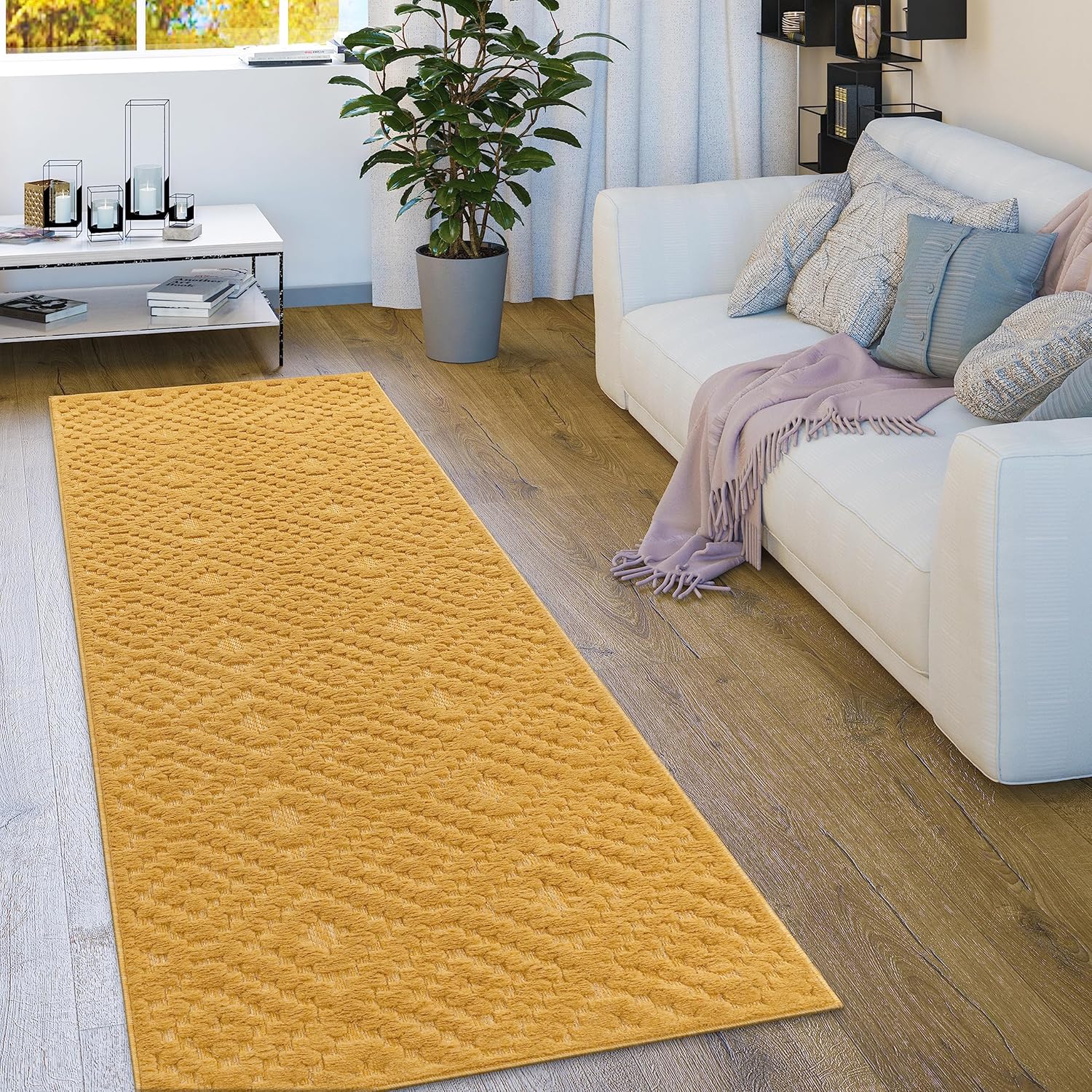 Paco Home Indoor Outdoor Rug with Textured Boho Pattern in Yellow, Size: 6'7" x 9'2"