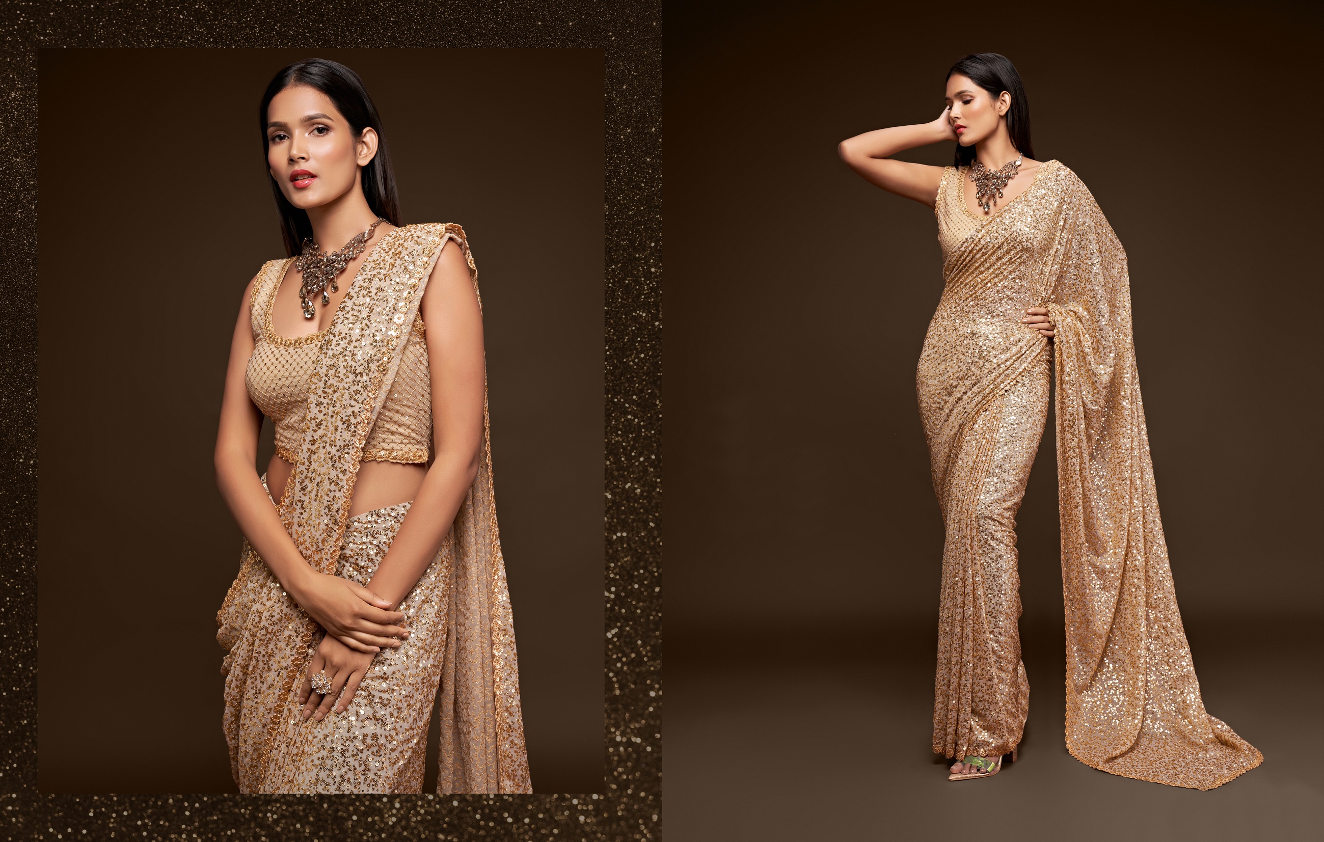 Sari Indien De Soirée En Georgette à Paillettes - Bleu Marine Avec Chemisier Coordonné - Pour Mariage, Fête, Festival