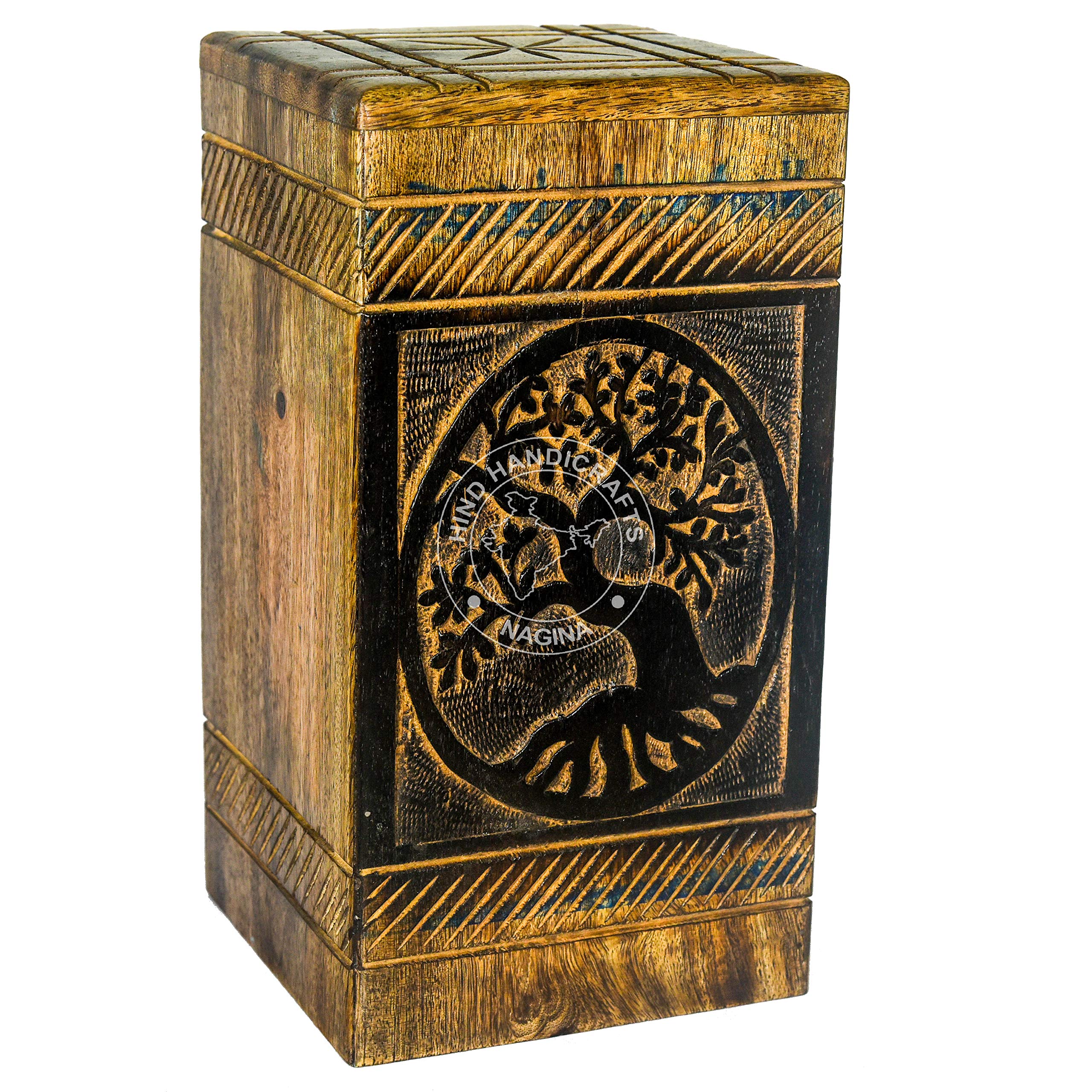 Urne funéraire bois hermétique grand volume avec arbre de vie antique
