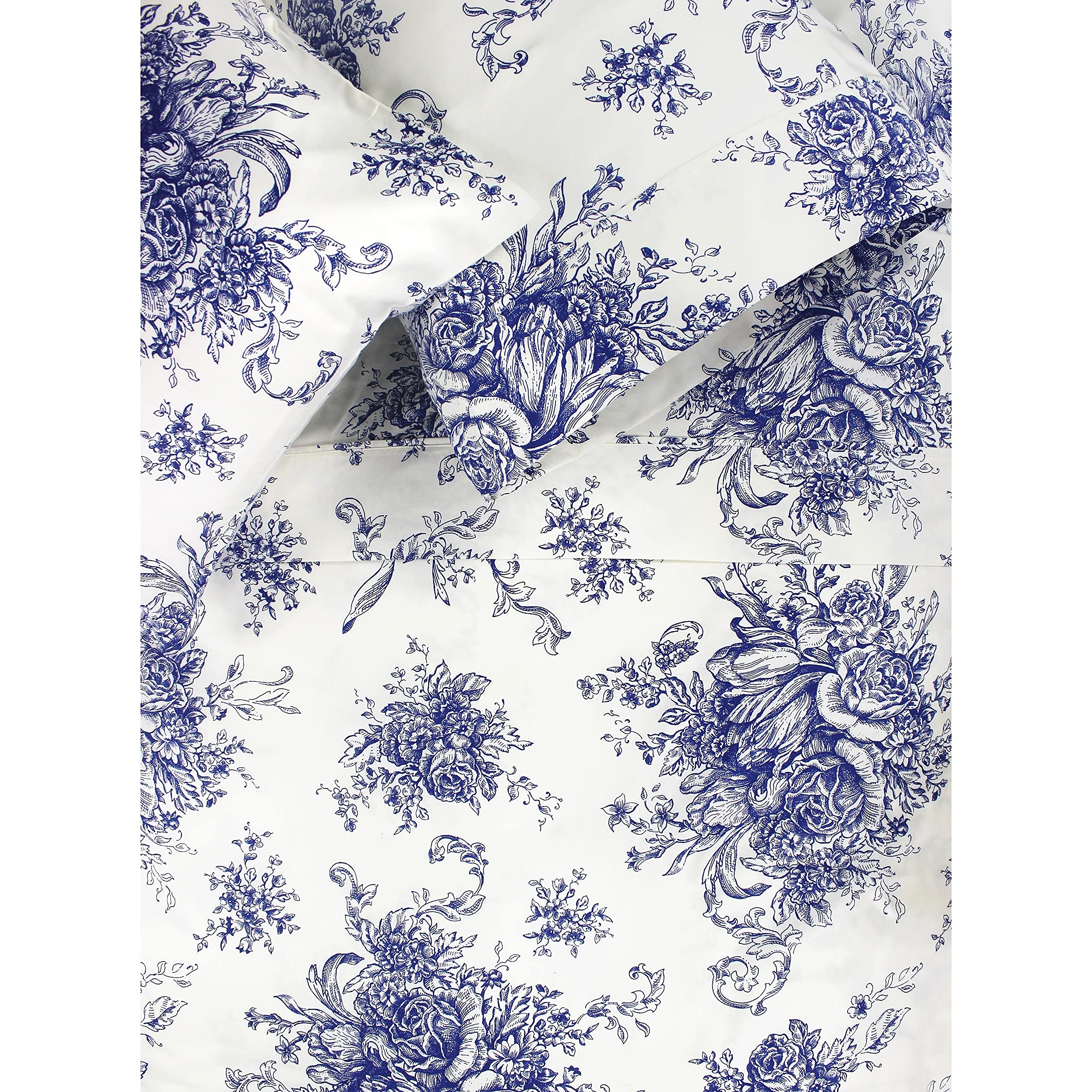 Melange Home Printed Design Cotton Collection 400 Thread Count Navy Toile Sheet Set Queen