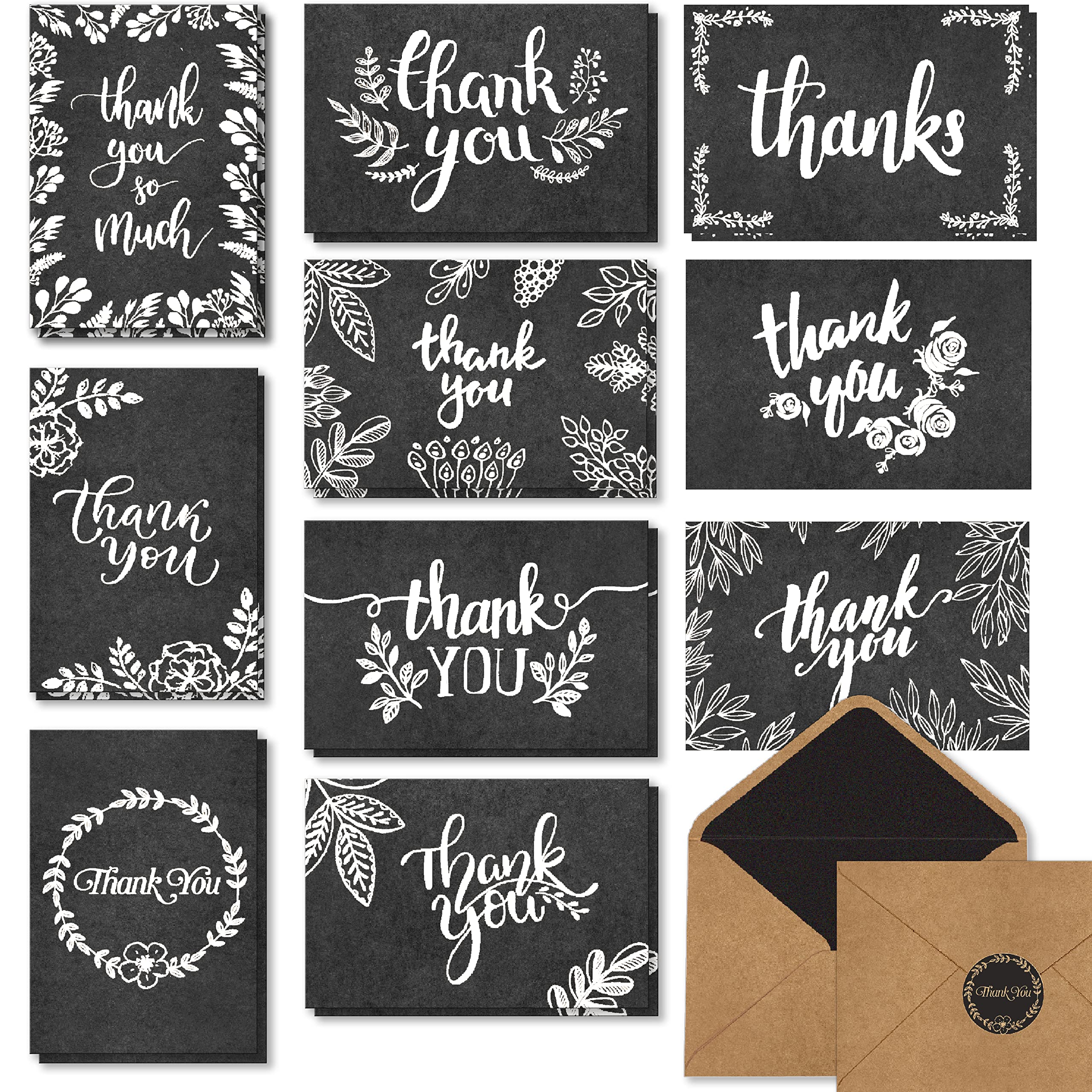 120 Elegant Black and White Chalkboard Kraft Thank You Cards with Kraft Envelopes and Stickers - 6 Designs Bulk Notes with White Letters for Weddings,