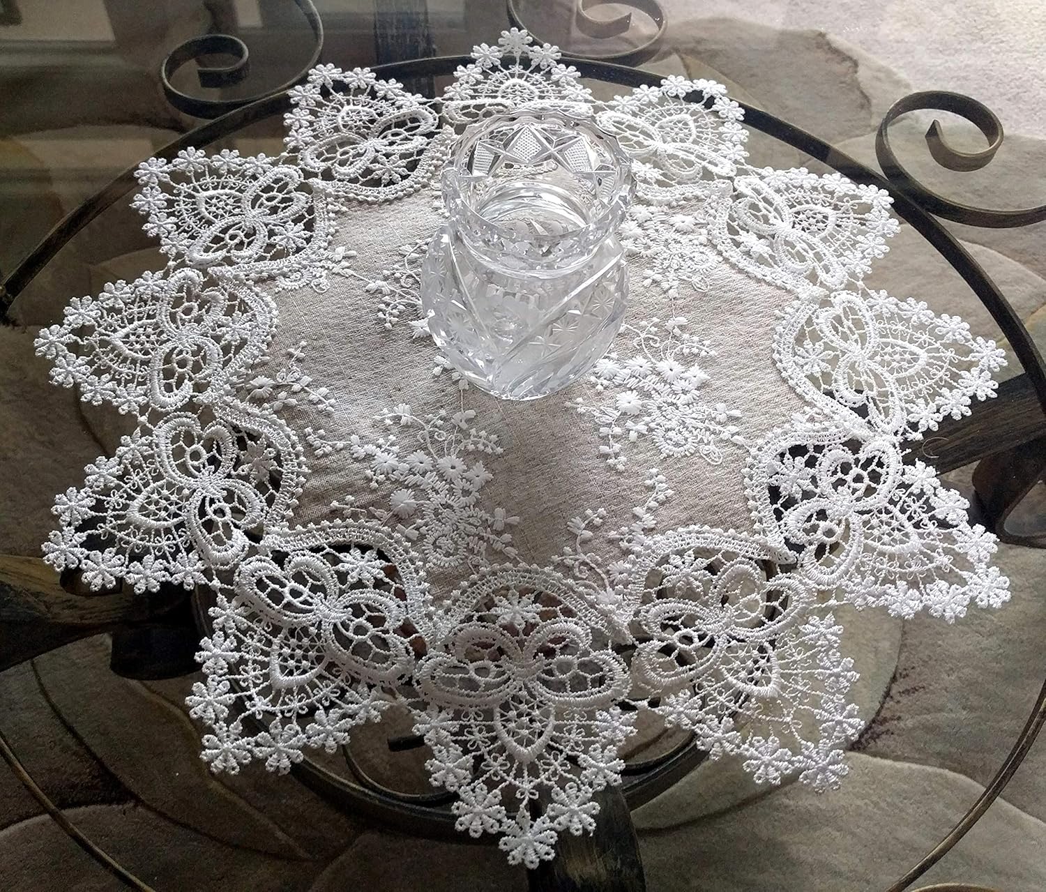 Galleria di Giovanni Lace Doily Set of 2 Table Toppers Doily 24 inch & 16 Round Neutral Burlap Natural Taupe Antique Ivory Victorian Scarf