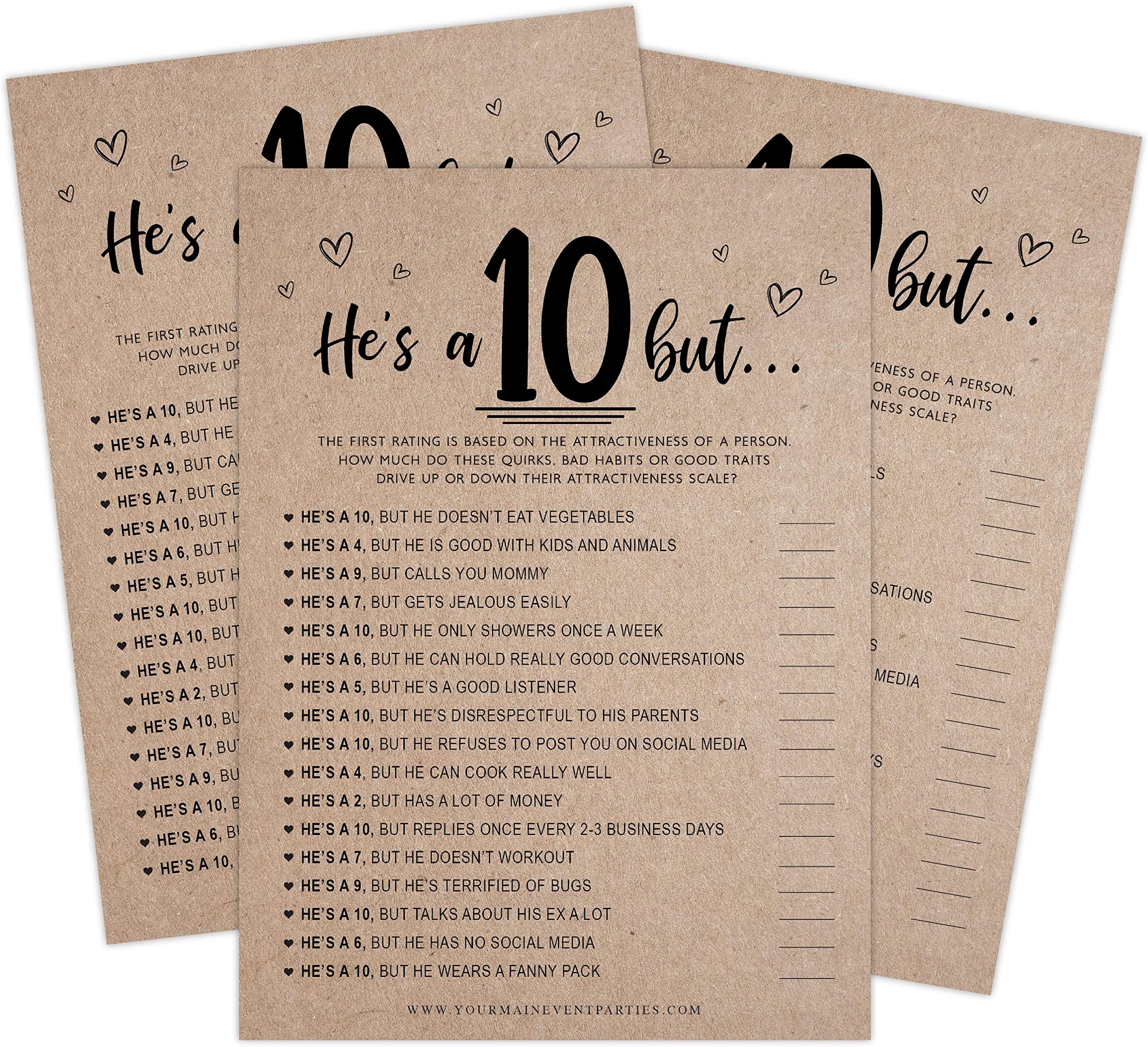 Your Main Event Prints New Fun Bridal Shower Games, Fun Activities, Kraft Minimalist Style (He's a 10 But) Unique Game