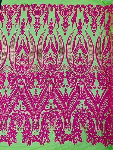 Miniatura 1 de Telón de fondo King INC Empire Damask Design con lentejuelas bordadas en una tela de malla elástica de 4 vías (rosa intenso sobre malla verde neón)