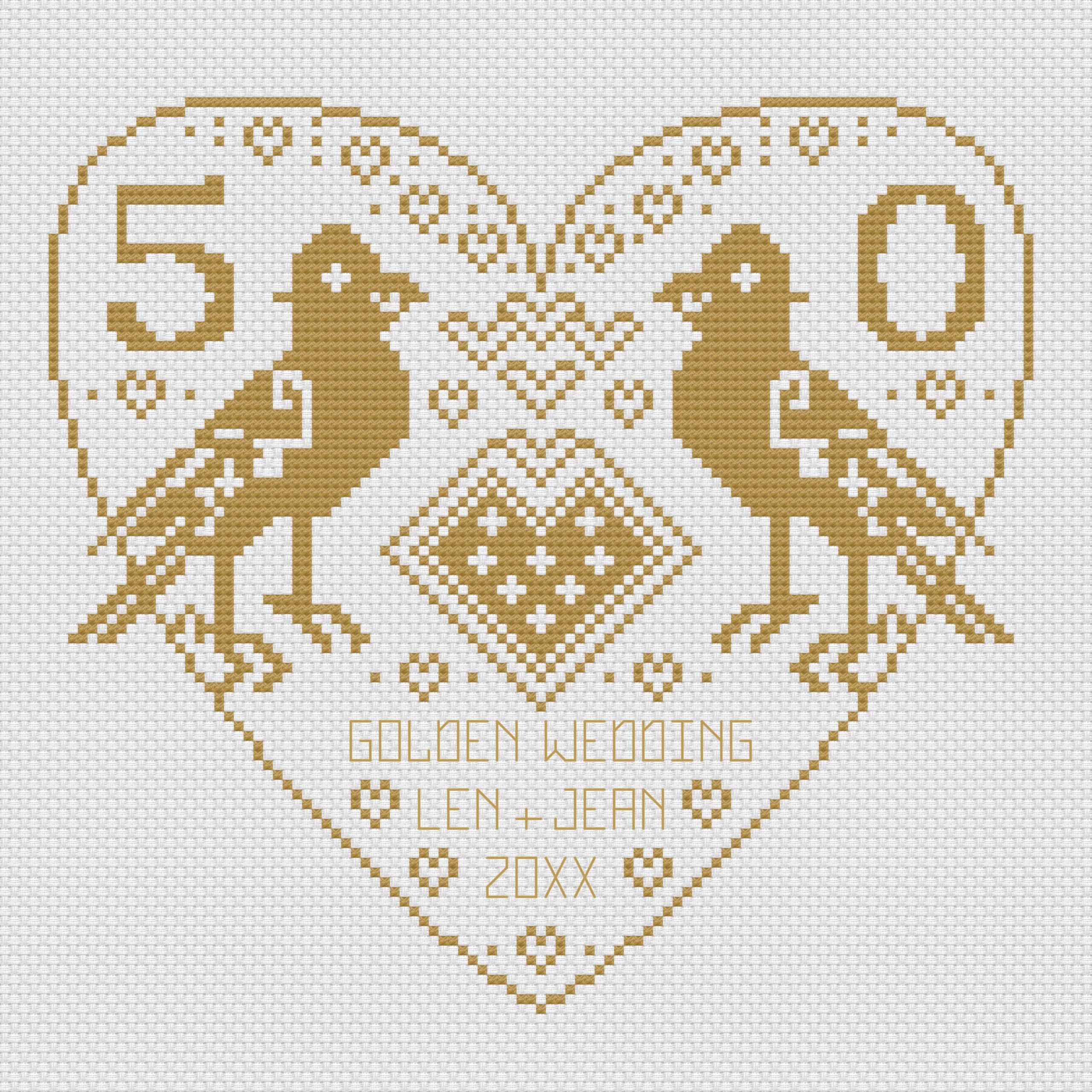 Love Birds Golden Wedding Anniversary Sampler Cross Stitch Kit