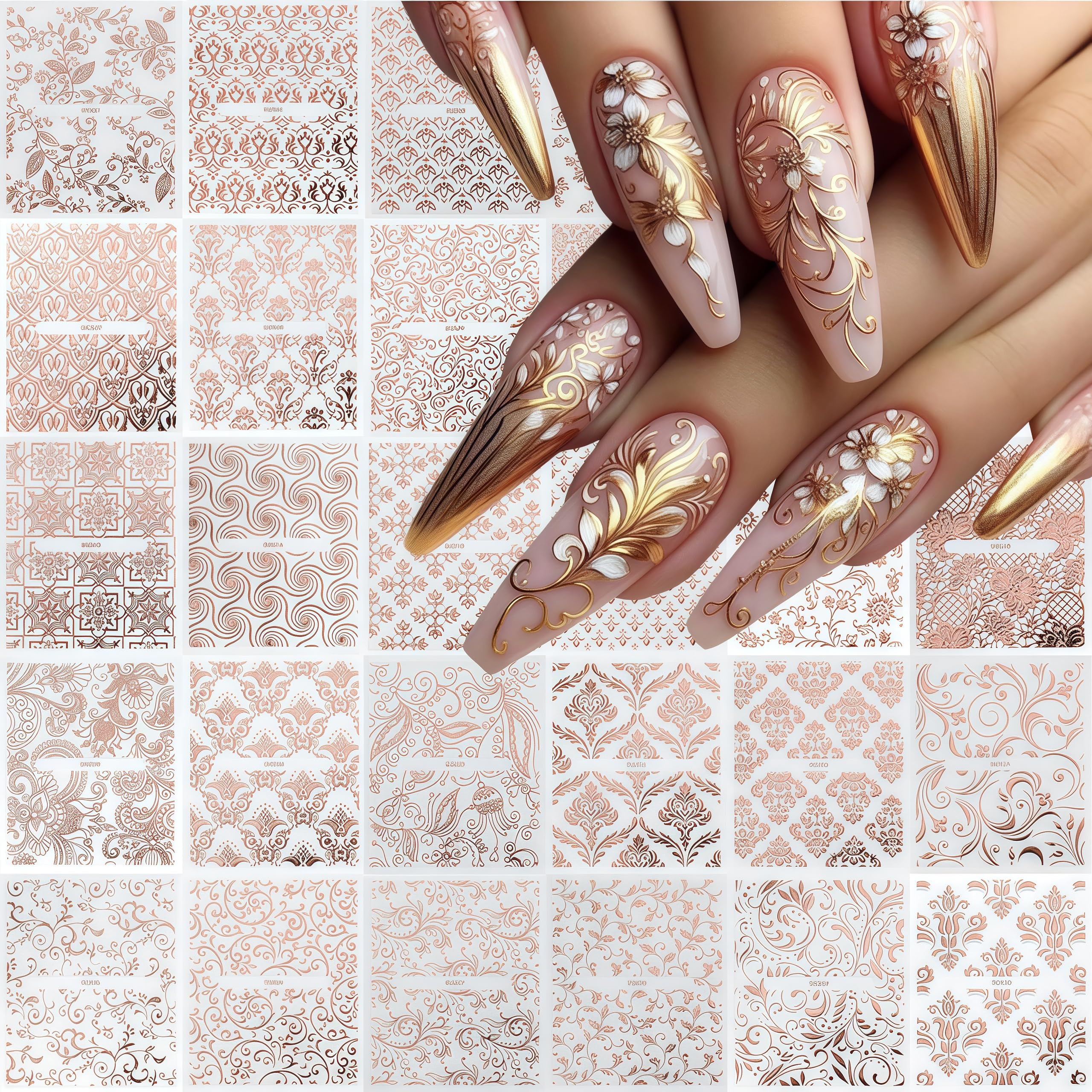 30 Sheets Lace Flower Nail Art Sticker 3D Self-Adhesive Hollow Rose Golden Lace Floral Vine Decals Irregular Geometric Manicure Sliders for Spring