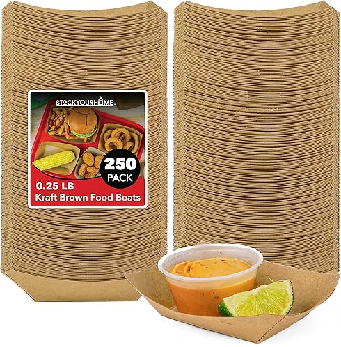 Stock Your Home Paquete de 250 mini bandejas desechables de papel kraft marrón para alimentos, bandeja de concesión de 0.25 libras, botes para