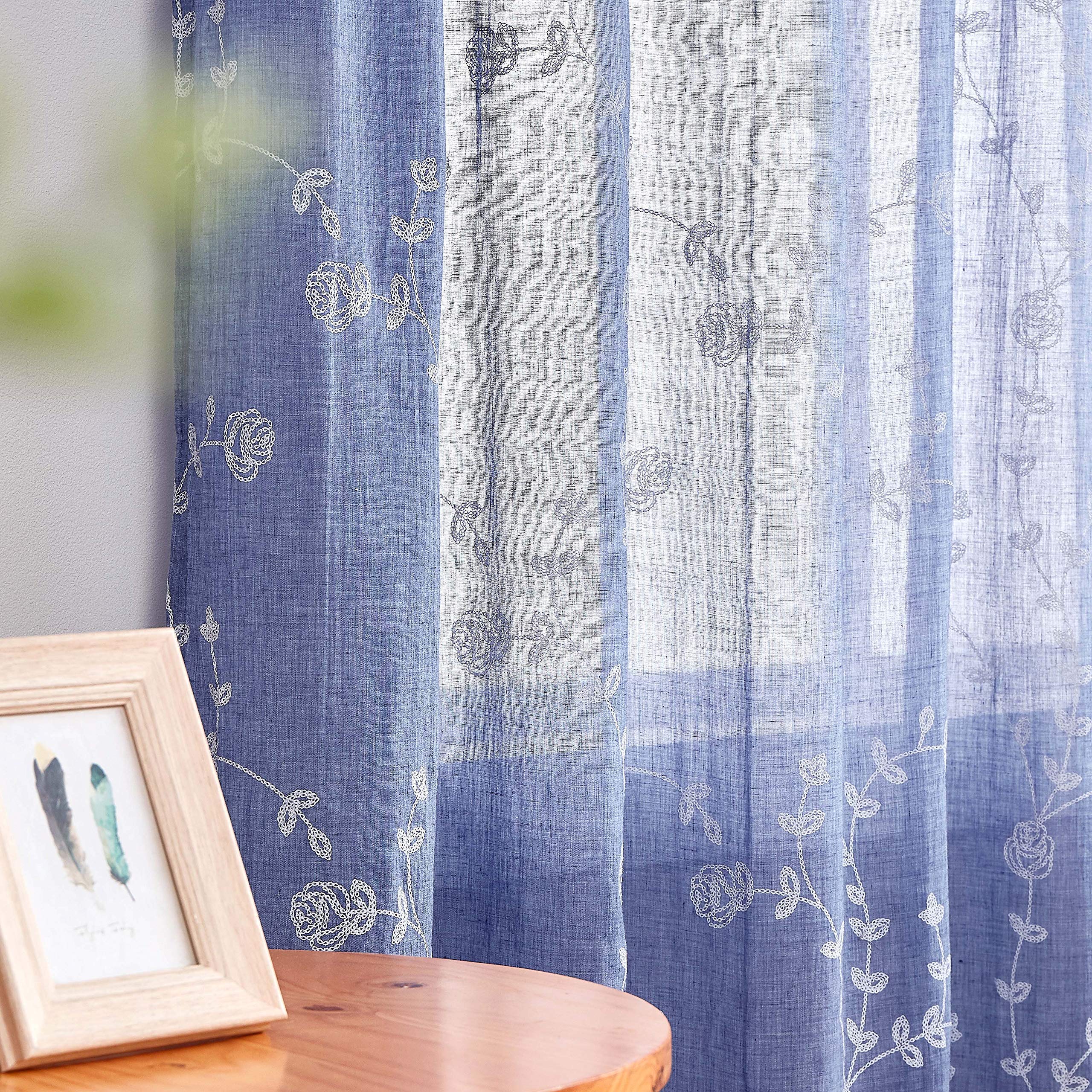 Fragrantex Sheer Curtains 84 Inch Length 2 Panels Royal Blue and White Botanical Leaf Window Panels for Bedroom Cotton Blend Soft Fabric Farmhouse Floral Curtain Jean Blue,Rod Pocket 54" Wx84 L