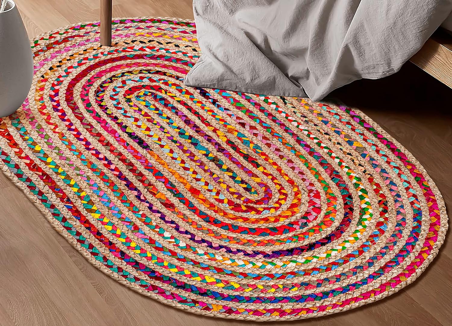 Cotton Chindi Braid Rag Rug - Boho Farmhouse Rustic Area Accent Throw Rug - Handwoven Reversible Natural Recycled Cotton - Living Room Den Study Home Décor Gift - 2' x 3' Oval - Multi Color