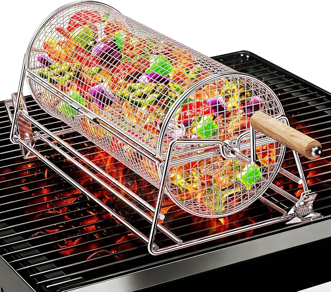 2-in-1 Rolling Grill Basket 304 Stainless Steel Rotatable with Dual