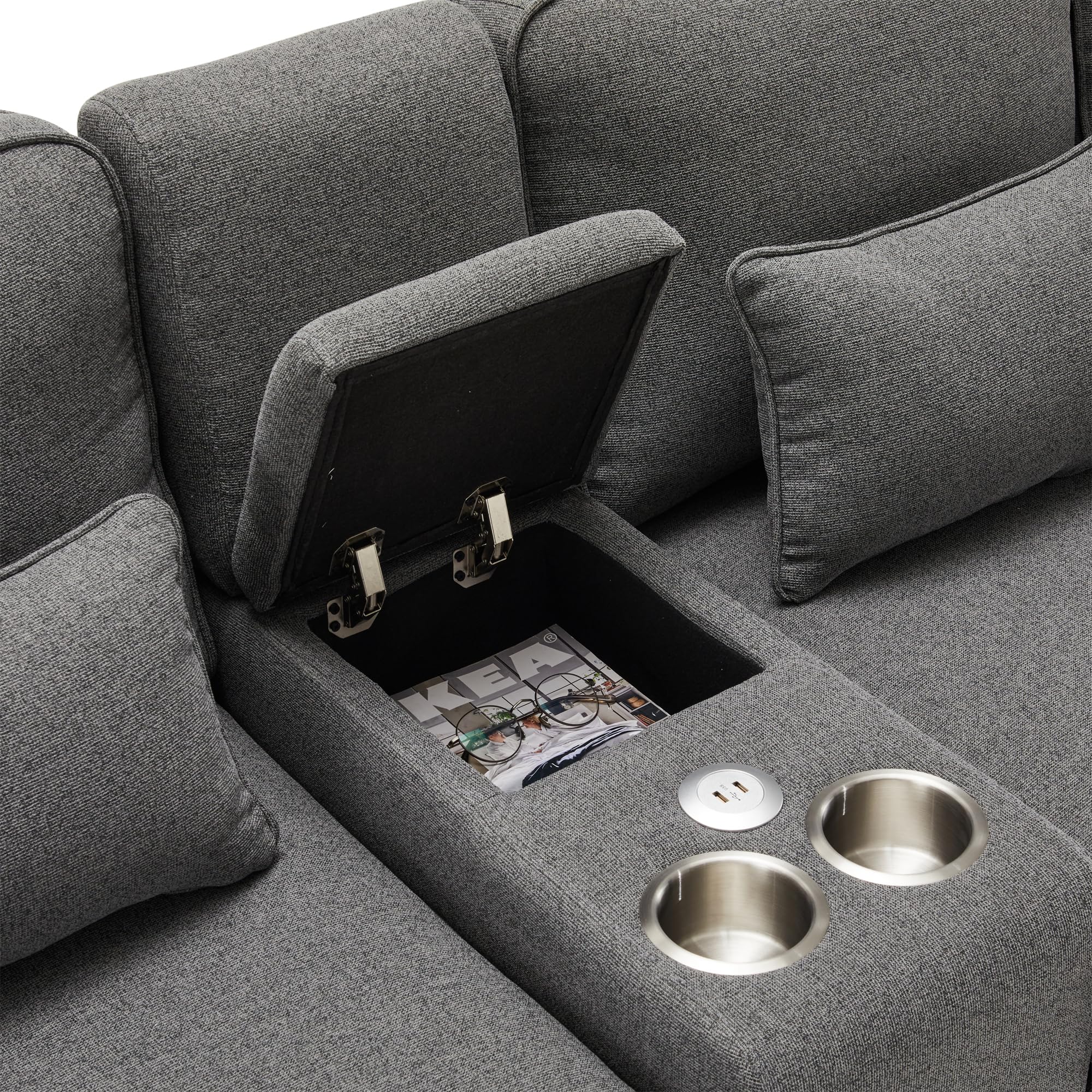 Azkoeesy Moderno sofá de 4 plazas de tela de lino, estilo sencillo, con consola, 2 soportes para bebidas, 2 puertos USB, 4 cojines, adecuado para sala de estar (gris oscuro)