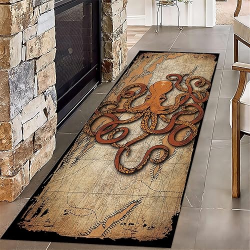 Alfombra náutica de camino de cocina, 1.3 x 7 pies, decoración náutica vintage, pulpo, temática oceánica, alfombra de pasillo costero,