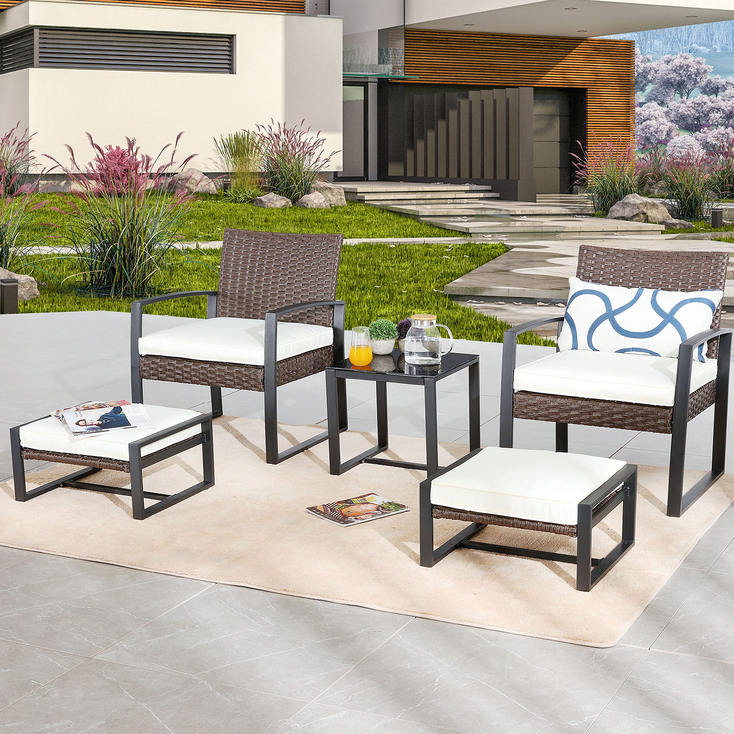 LOKATSE HOMEPatio Conversation Set 5 Pieces Outdoor PE Wicker Rattan Sofa Furniture Cushioned Chairs and Ottomans with Tempered Glass Coffee Table, White