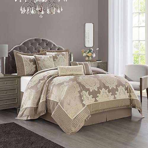 Miniatura 1 de Stratford Park Juego de edredón beige tamaño Queen, juego de cama jacquard de 7 piezas, para todas las estaciones