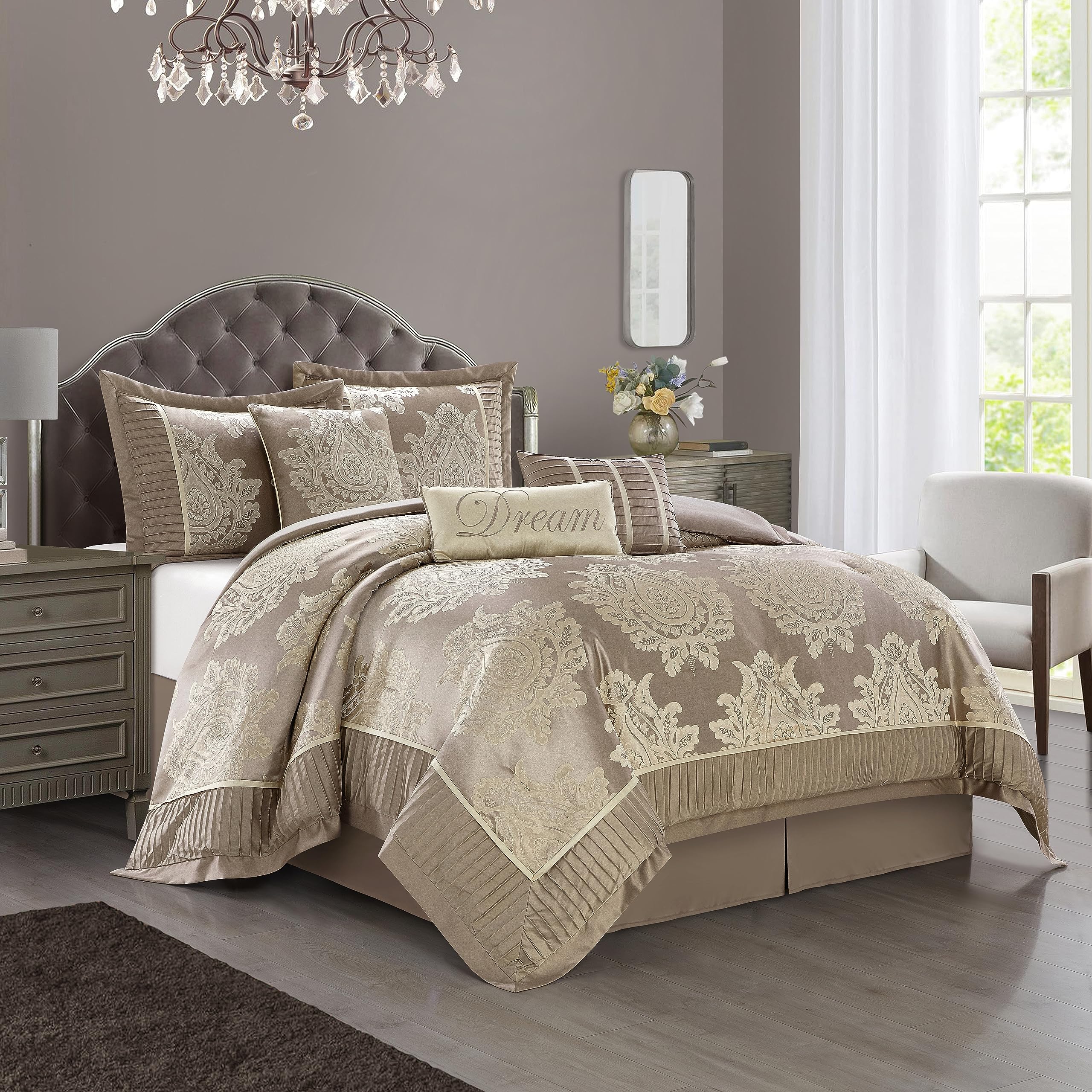 Stratford Park Beige Comforter Set King Size,7 Pieces Jacquard Bedding Set, All Season