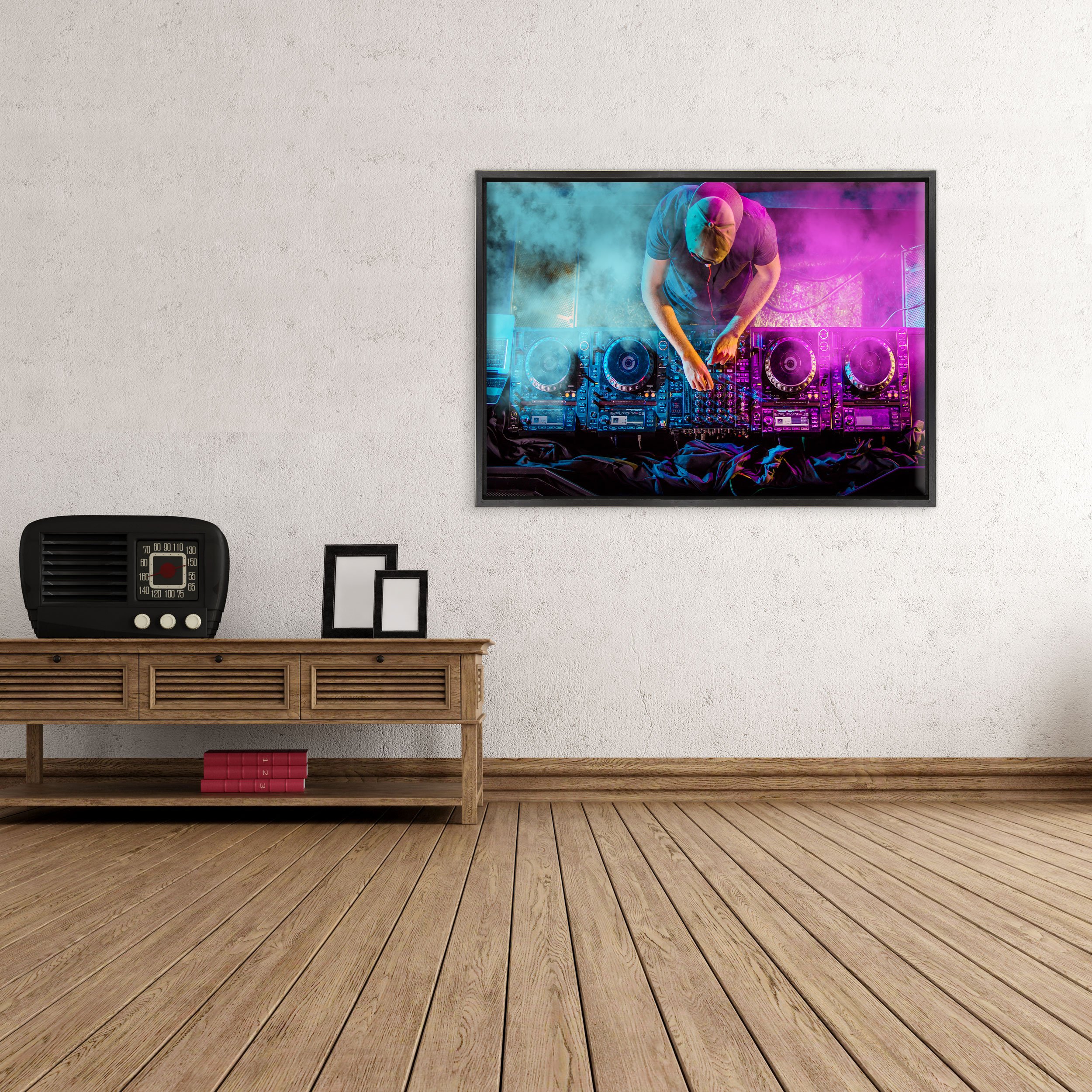 QUADRO SU TELA CANVAS INTELAIATO - CON CORNICE - Deejay DJ - Piatti discoteca - 50x70cm - Stile Moderno Nero - (cod.2204)