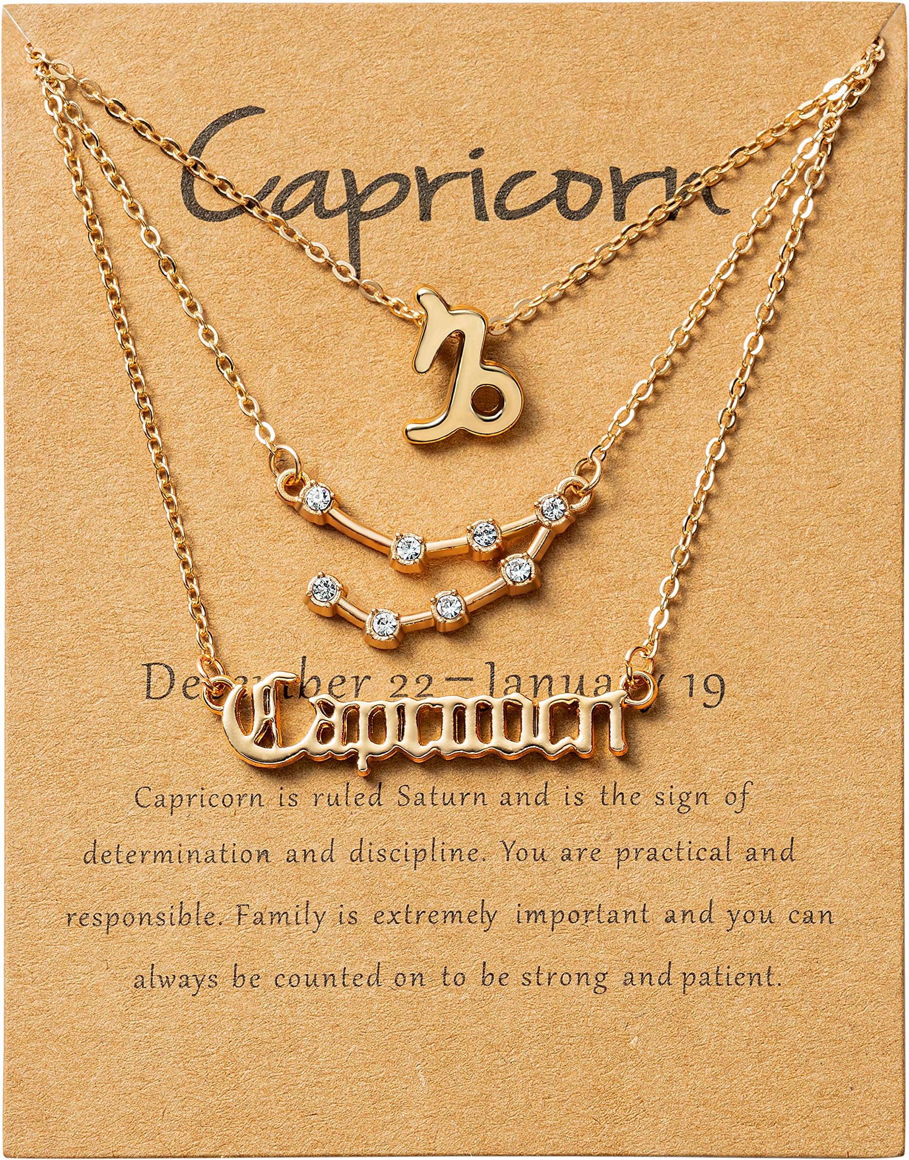 3Pcs Constellation Zodiac Layer Necklaces for Women Girls, Retro Gold Plated 12 Constellation Pendant Necklace Exquisite Letter Horoscope Old English Zodiac Sign Necklace Jewelry Birthday Gift