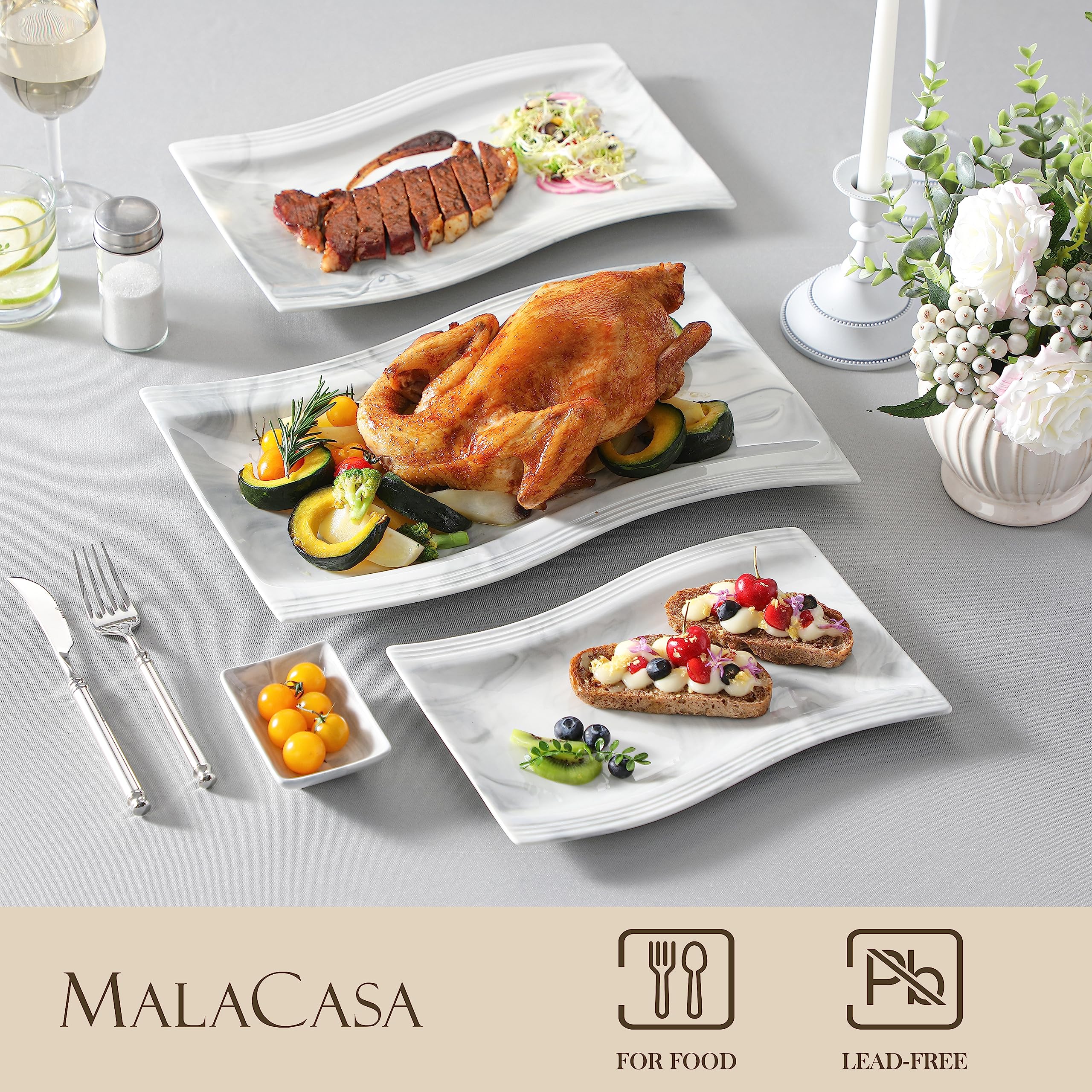 MALACASA Large Serving Platter Set, 15"/13"/11" Serving Dishes Set of 3, Porcelain Platters for Entertaining, Rectangular Serving Trays for Party,Mircowave, Oven, Dishwasher Safe, Marble Grey
