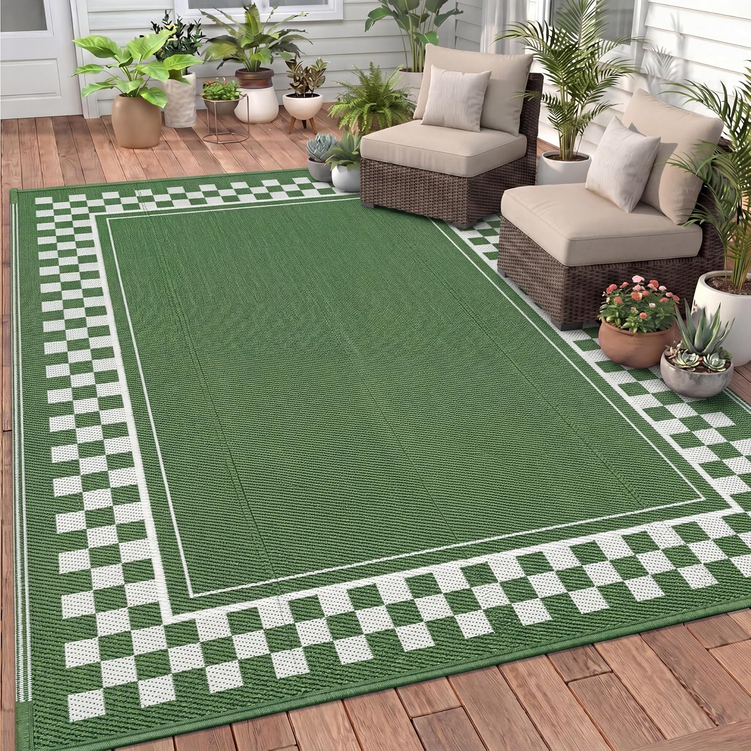 Dunzy Checkered Outdoor Patio Rug, 5 x 8 ft Non-Slip Plastic Straw Checkered Carpet Indoor Outdoor Area Mat for Outside Rv Camping Deck Pool Beach Porch Backyard(Sage Green, Cream White)