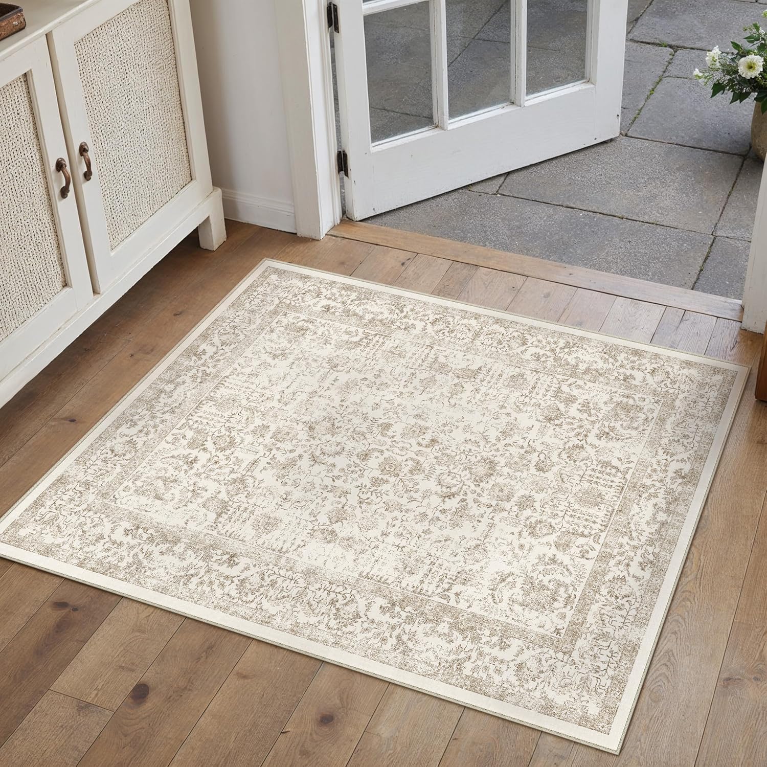 PureCozy Light Brown Entryway Area Rug 2x3 Door Mat Machine Washable Kitchen Vintage Distressed Non Slip Carpet Indoor Retro Floral Accent Throw Small Rug for Bathroom Office Bedroom Dining Room