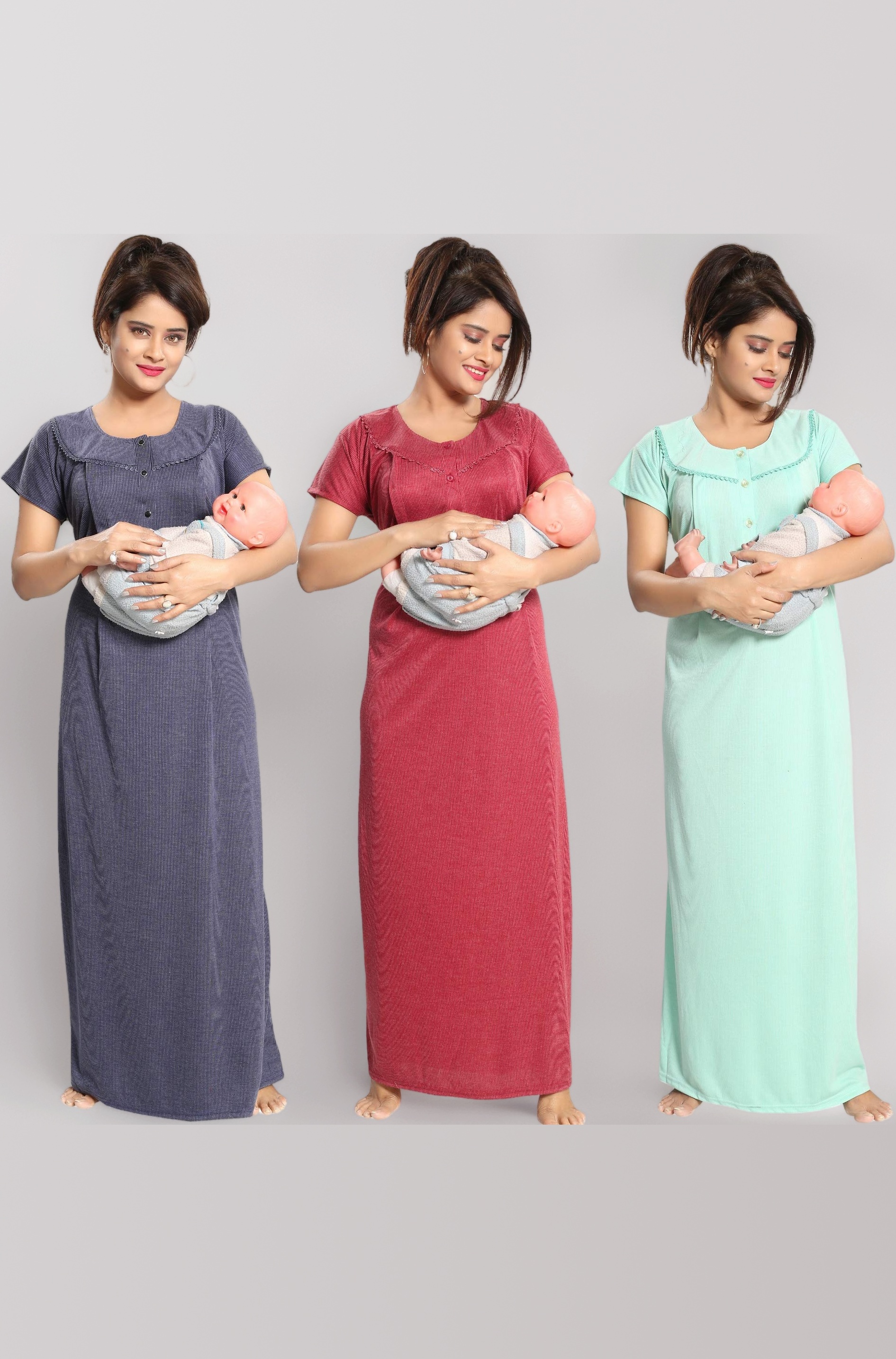 Fabme Women's Cotton Textured Floor Length Nursing Nighty