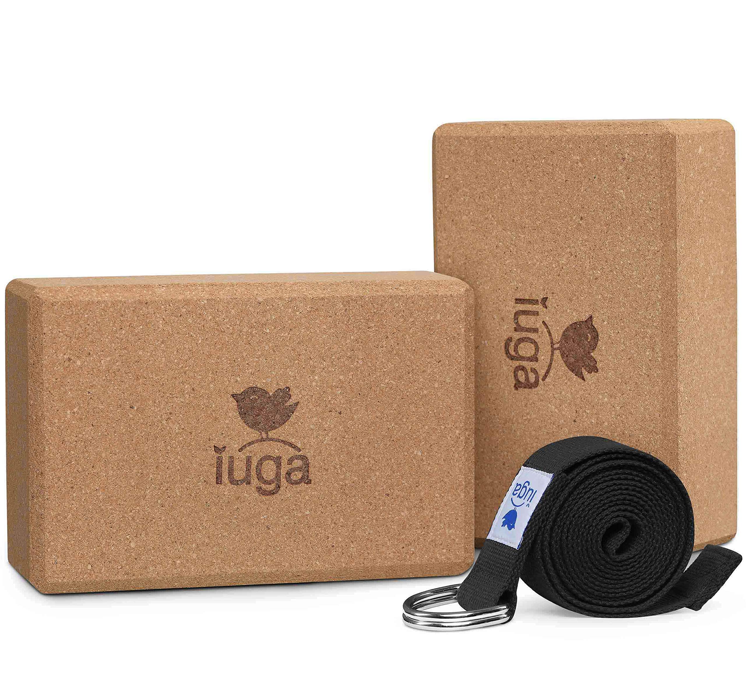IUGA Yoga Blocks 2 Pack With Strap Non Slip High Density 9"x6"x3" Solid & Cork Yoga Block With Yoga Strap to Improve Strength Balance for Yoga Pilates Meditation