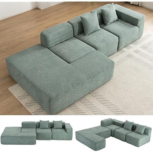 Merax 116.5" Minimalist Cloud Sectional Couch with L-Shape Chaise, Green Modern Modular Sofa with Deep Seat, Convertible 4 Seat Sleeper Couches Set for Living Room, No Assembly Required, Green