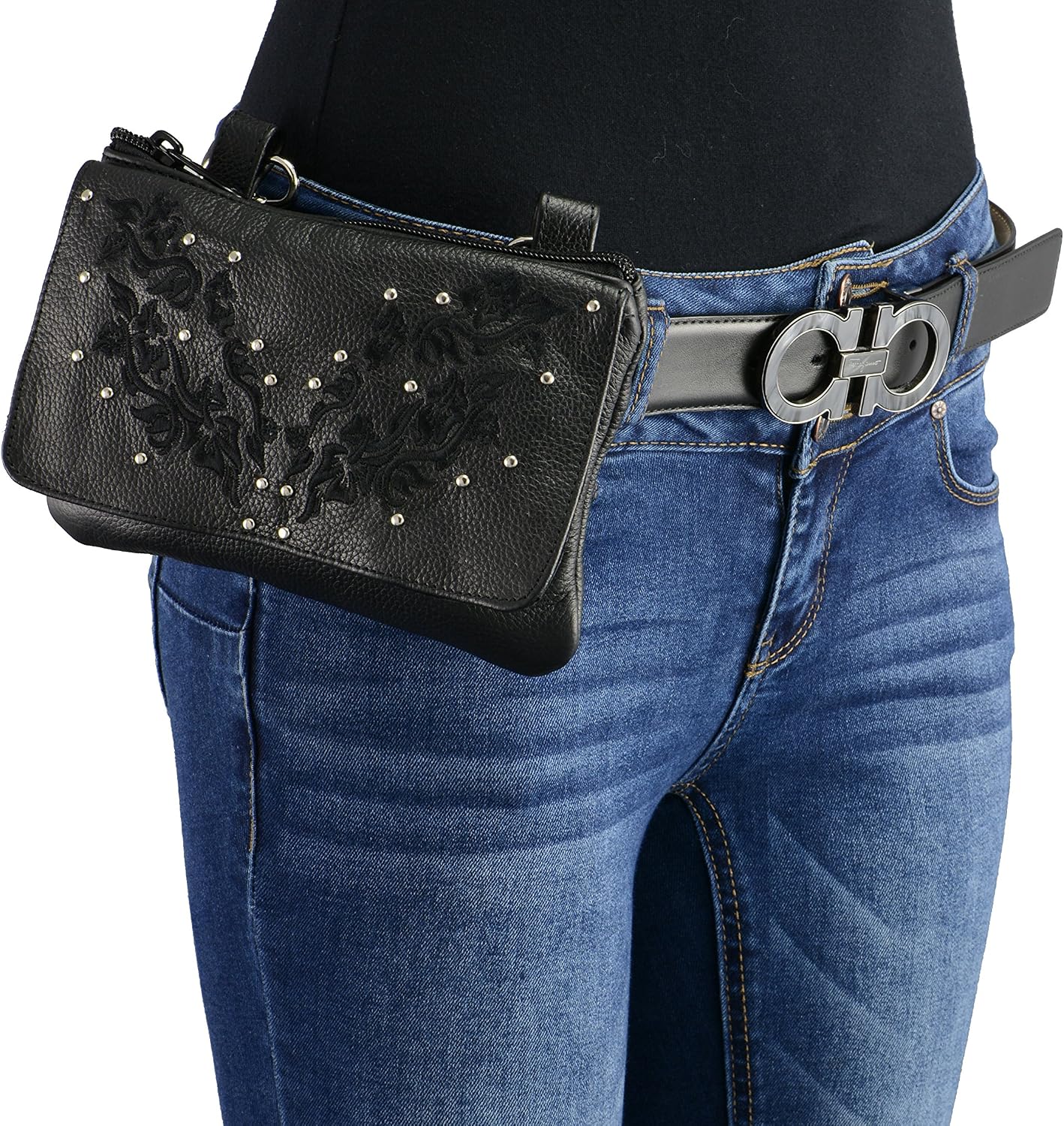 Milwaukee Leather MP8853 Women's 'Flower' Black Leather Multi Pocket Belt Bag