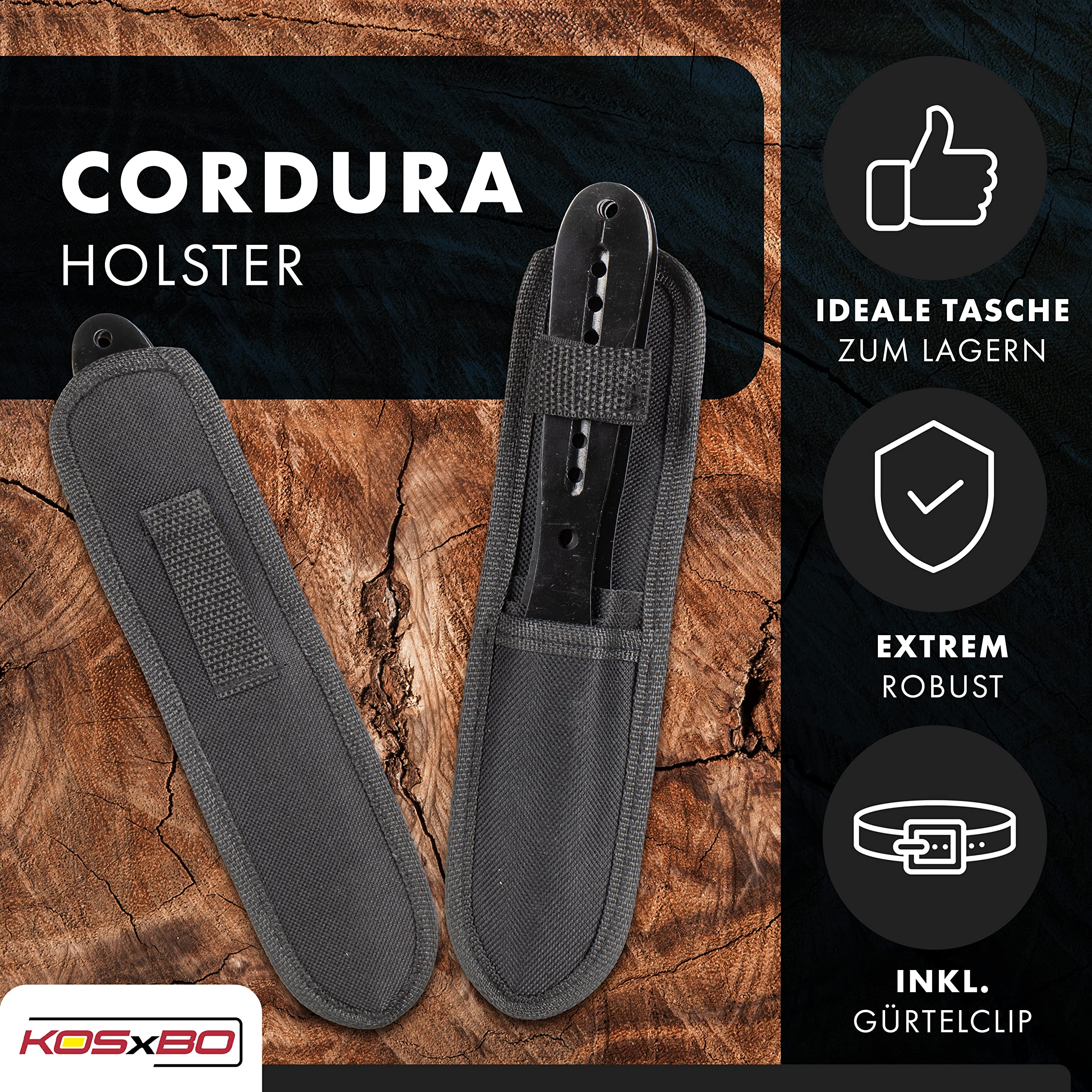 KOSxBO® 6 teiliges Wurfmesser Set 22,5 cm schwarz Tomahawk Edition inklusive Cordura Holster mit Gürtelclip 6 hochwertige Throwing Knives - Ninja Wurfmesser