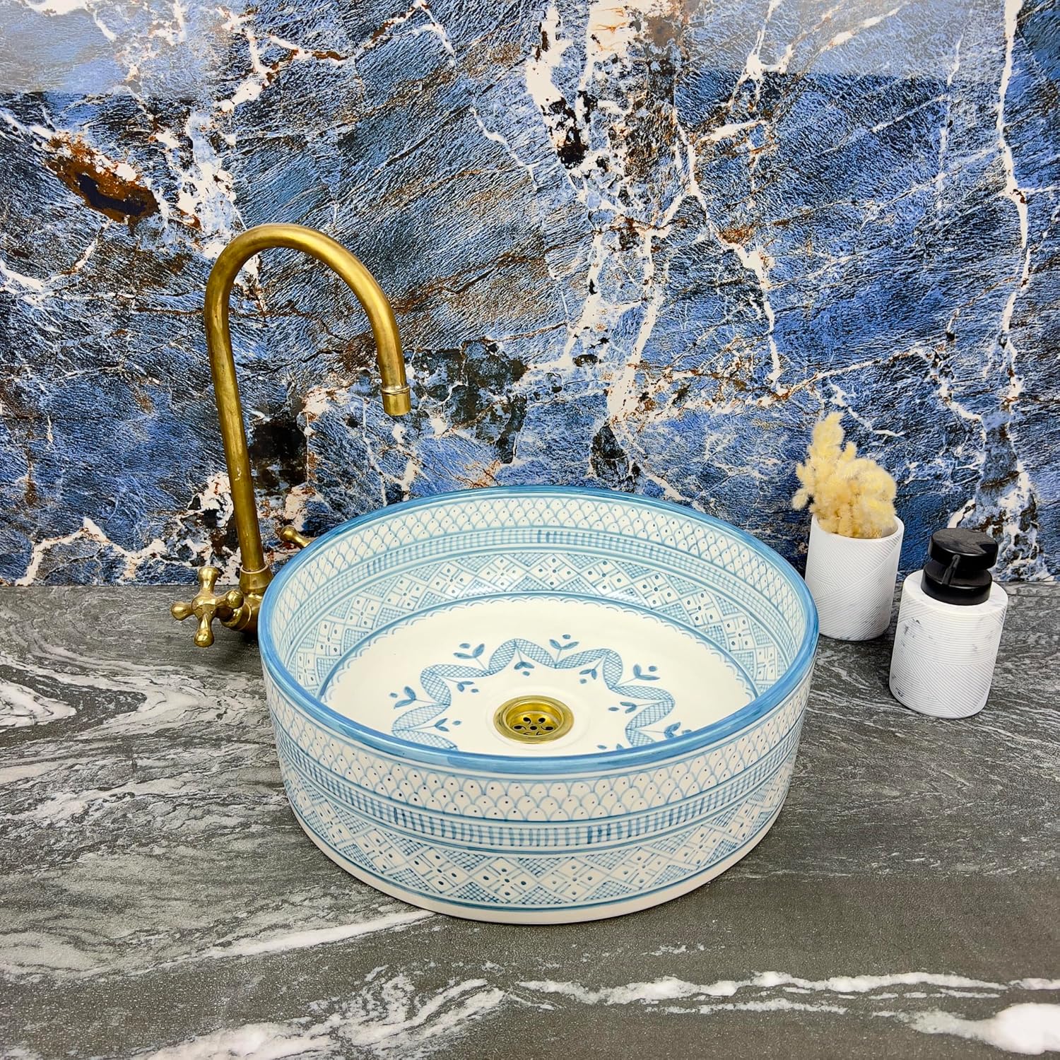 Sky Blue Hand-Painted Ceramic Bathroom Basin - Round Countertop Vessel Sink with Brass Drain and Delicate Geometric Detail (Black, 10in = 25cm)