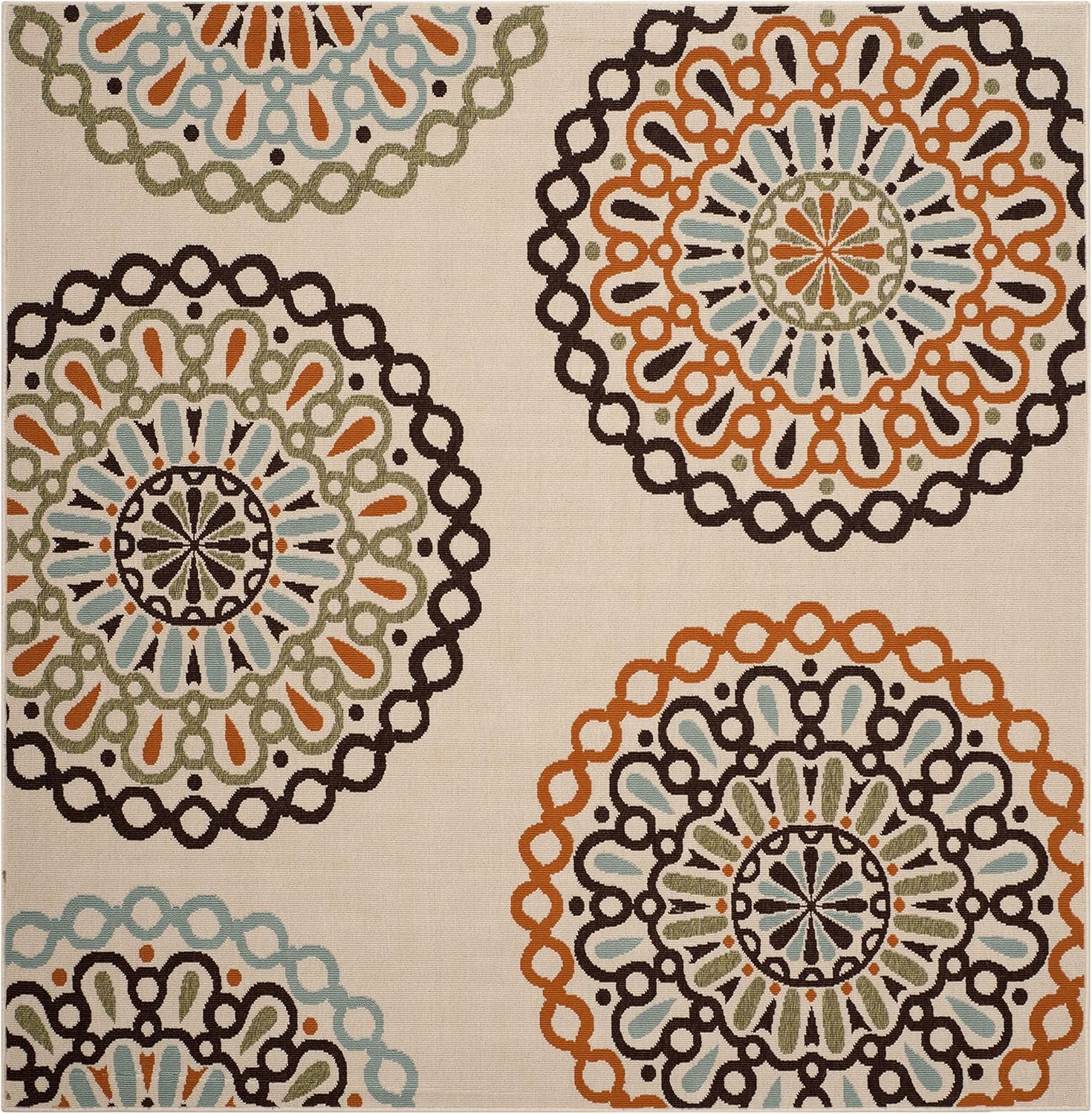 SAFAVIEH Washable Rug Outdoor Veranda Collection - 5'3" Square, Cream & Terracotta, Non-Shedding & Easy to Clean, Ideal for Patio, Backyard, Mudroom (VER092-0715)