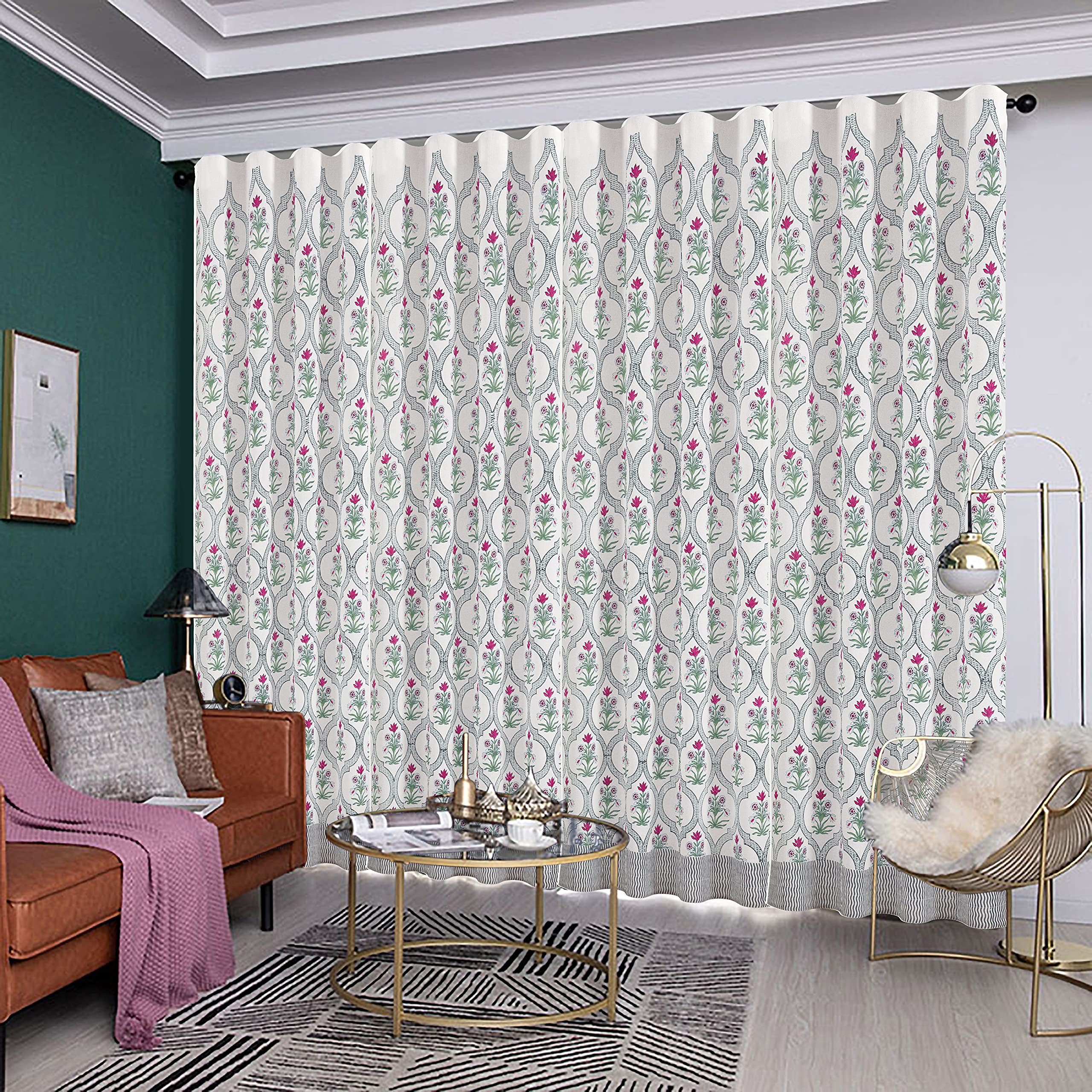 Jaipuri Kala Cotton Curtains one piece of indoor light weight hangs elegantly with back loops;100% Indian cotton made in jaipuri pattern. (122 X 215 CM, Jali print)