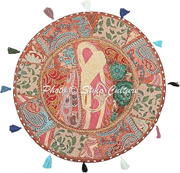 Indian Round Throw Pillows Vintage Patchwork Floor Cushion Cover Brown Big Pillow for Living Room 22" Decorative Decor Seating Tuffet Seat Pouf Cover Footstool Cotton Embroidered 1 Pc