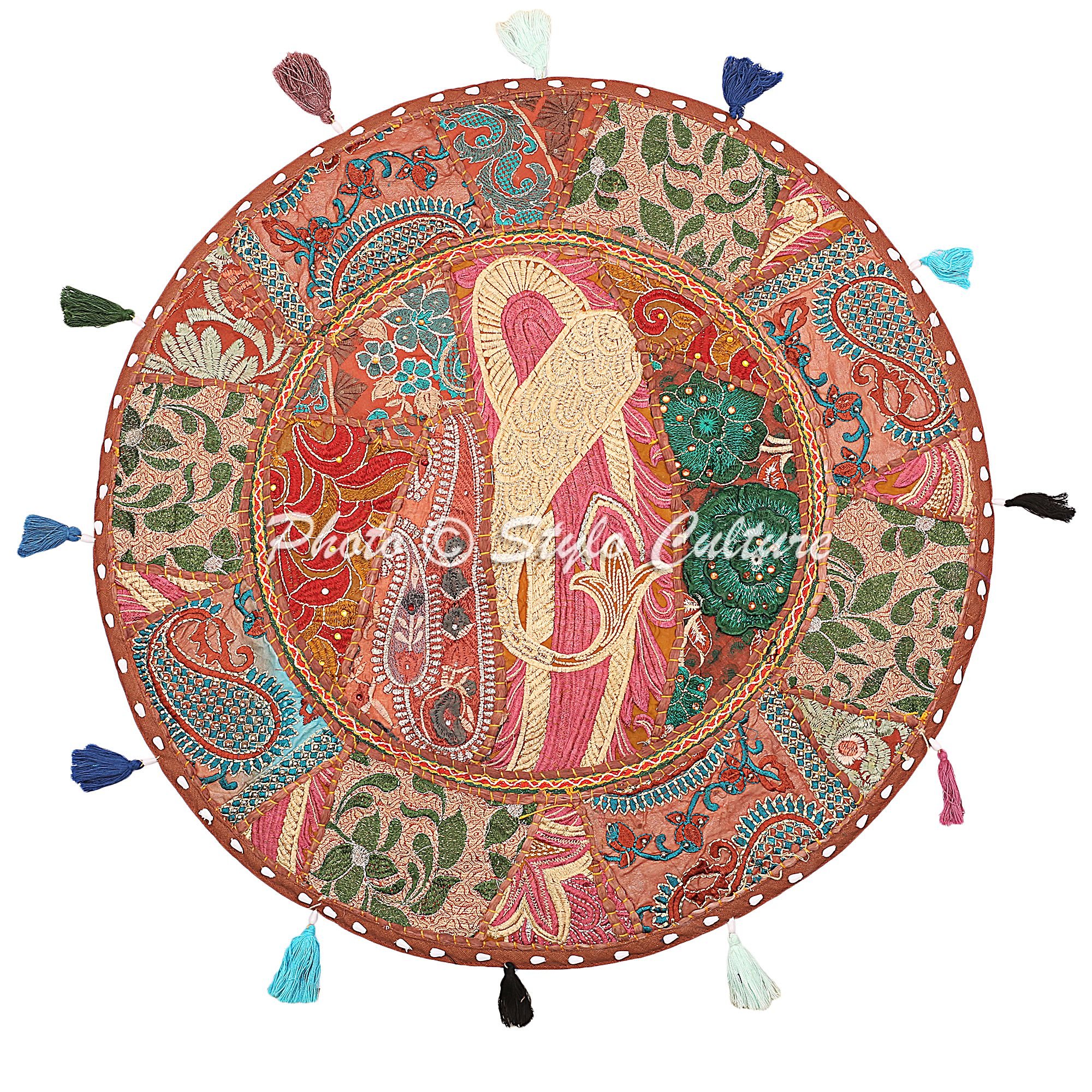 Stylo Culture Indian Round Throw Pillows Vintage Patchwork Floor Cushion Cover Brown Big Pillow for Living Room 22" Decorative Decor Seating Tuffet Seat Pouf Cover Footstool Cotton Embroidered 1 Pc