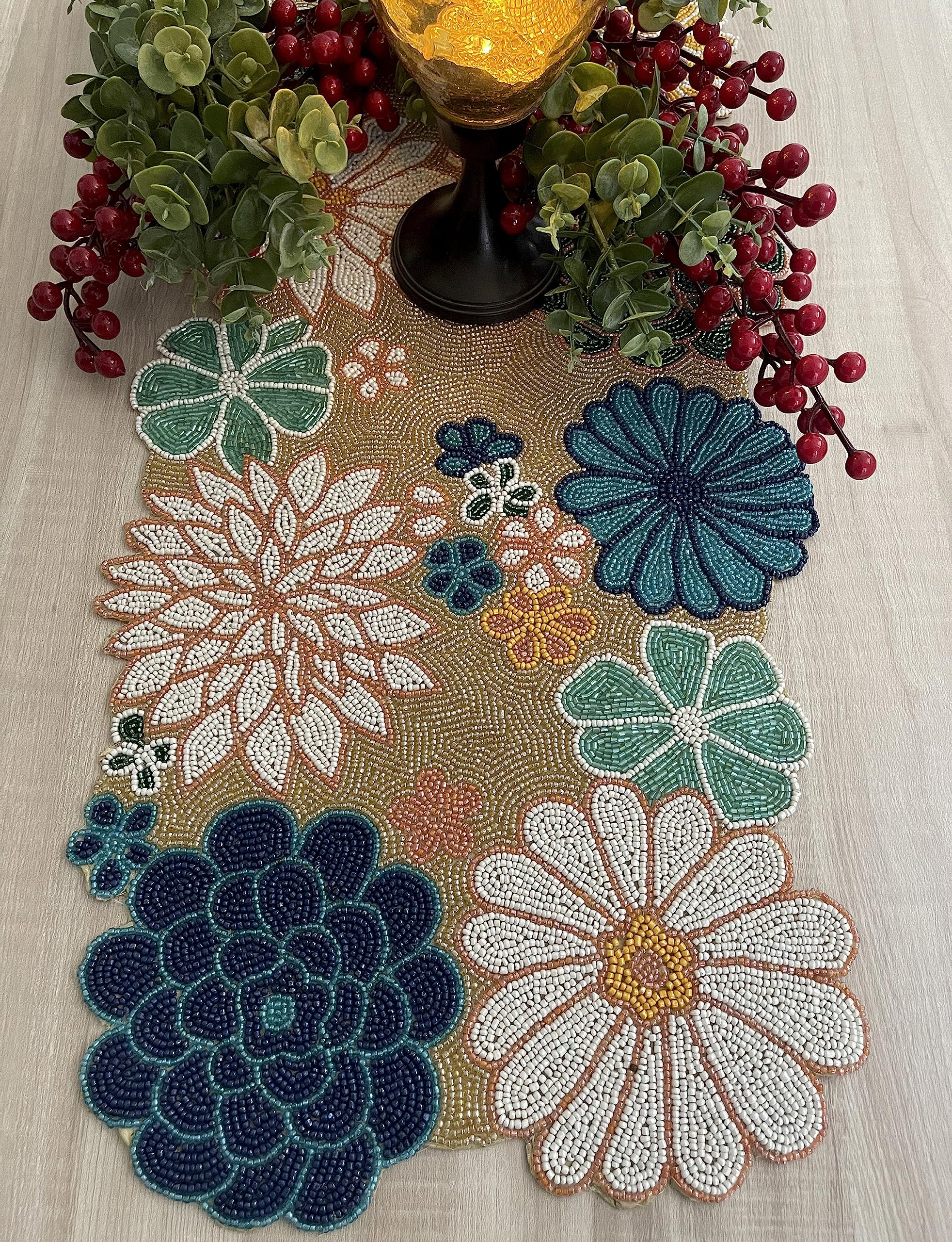 Enliven Ręcznie robiony bieżnik na stół, bieżnik z koralikami, dekoracja stołu w kwiatowy wzór, 33 x 91 cm, wielokolorowy