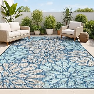 JONATHAN Y Floral Textured Weave Indoor Outdoor Area Rug 8X10 Navy/Aqua,...