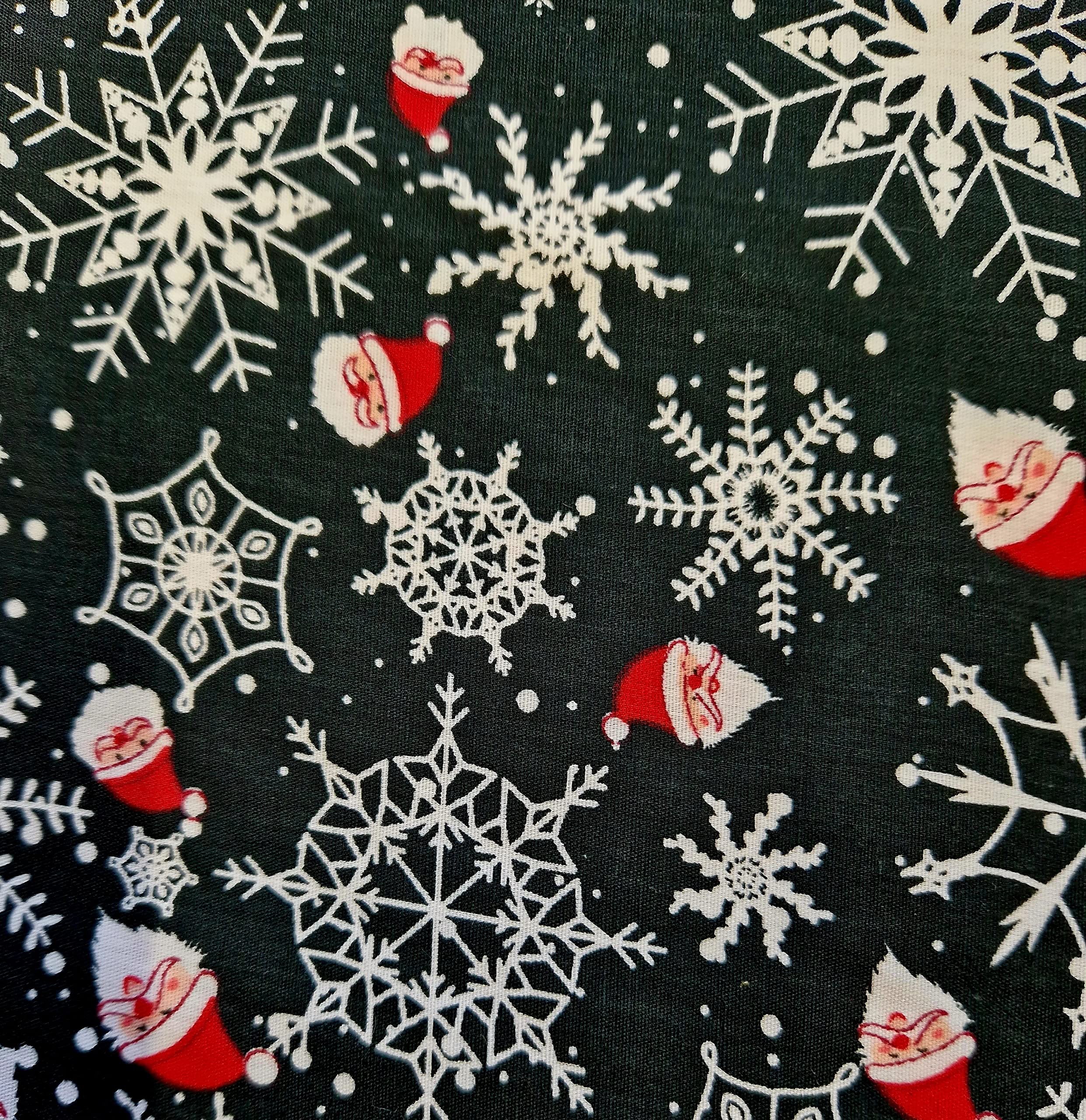 Christmas Fabric - Red Santa & White Snowflakes on Black - Polycotton Xmas Craft Fabric Material Metre