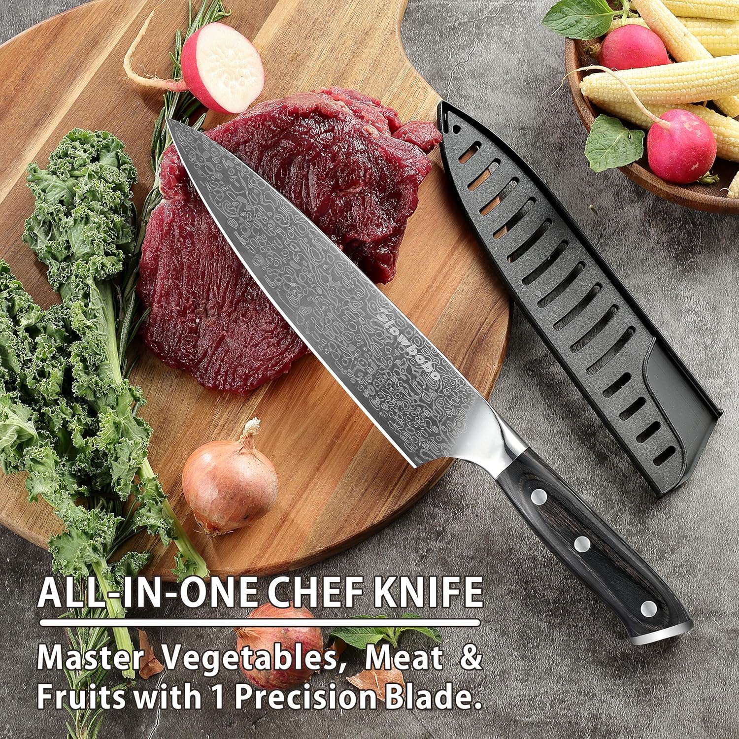 8 Inch Chef's Knife, High Carbon Stainless Steel Kitchen Knife with Sharpener & Finger Guard, Professional Sharp Cooking Knife for Home & Meat Cutting, with Ergonomic wood Handle and Gift Box
