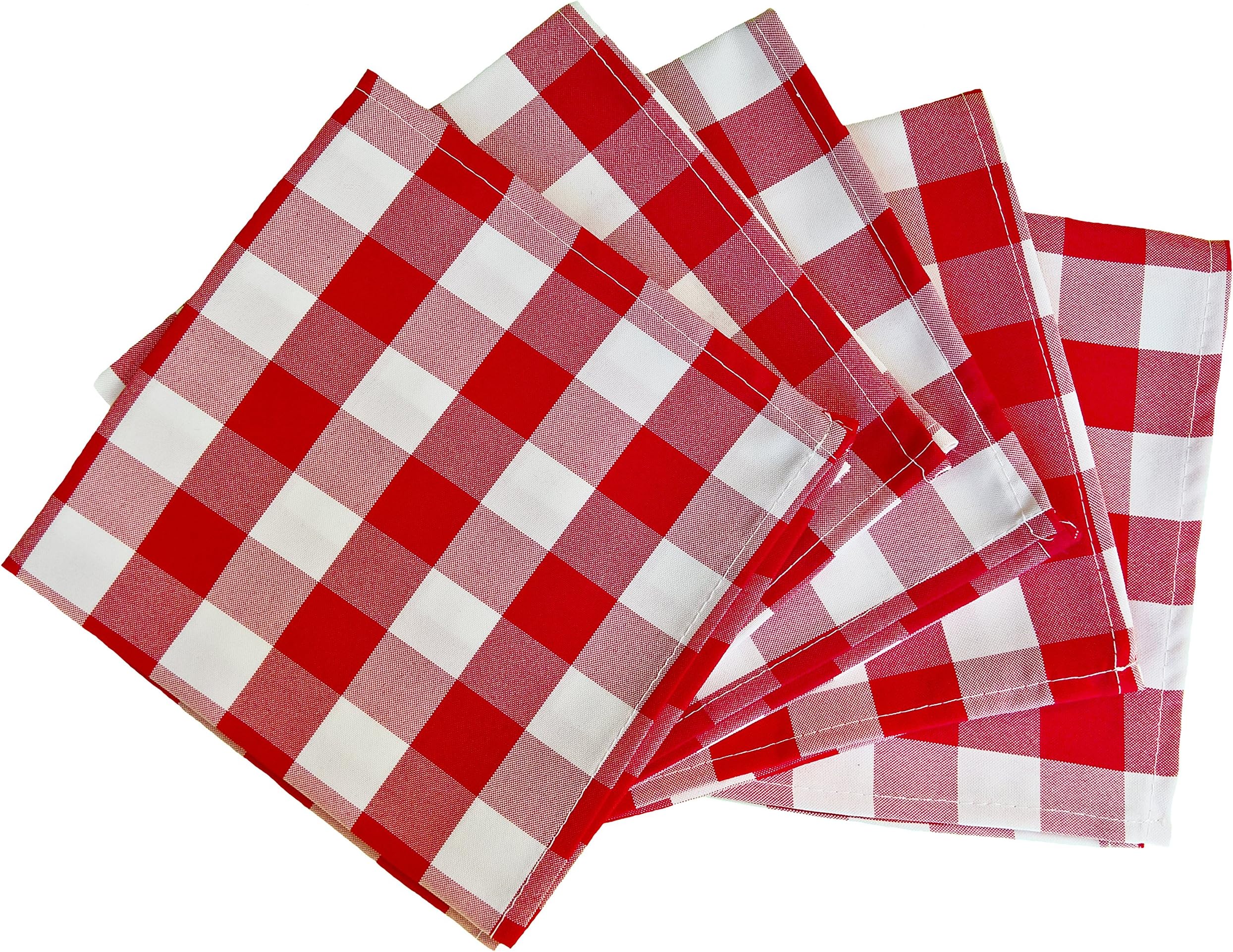5 Pack Checkered Gingham Polyester Napkins 15 x 15 Inches Red and White