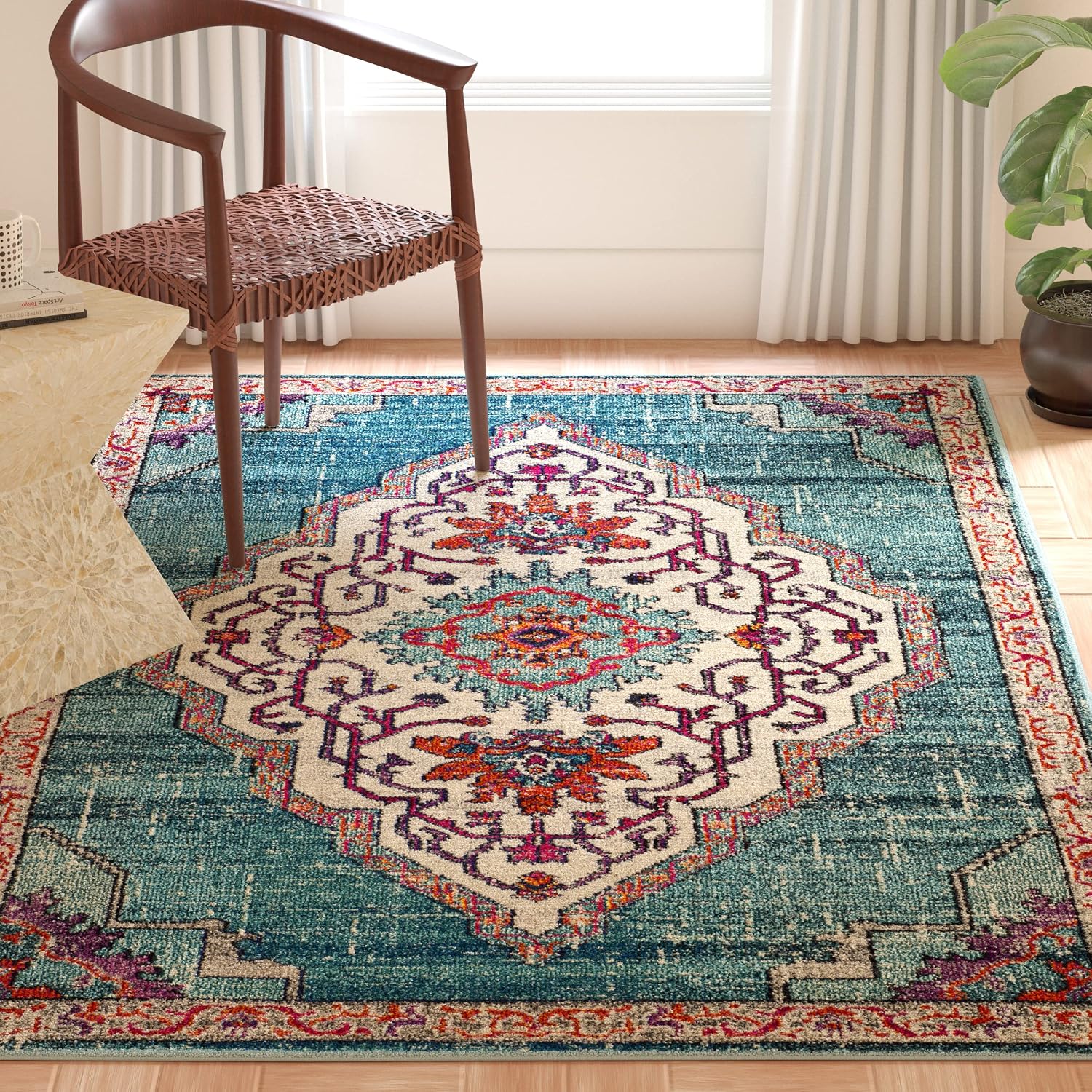 SAFAVIEH Monaco Collection Area Rug - 8' x 10', Blue & Multi, Boho Chic Medallion Distressed Design, Non-Shedding & Easy Care, Ideal for High Traffic Areas in Living Room, Bedroom (MNC254J)