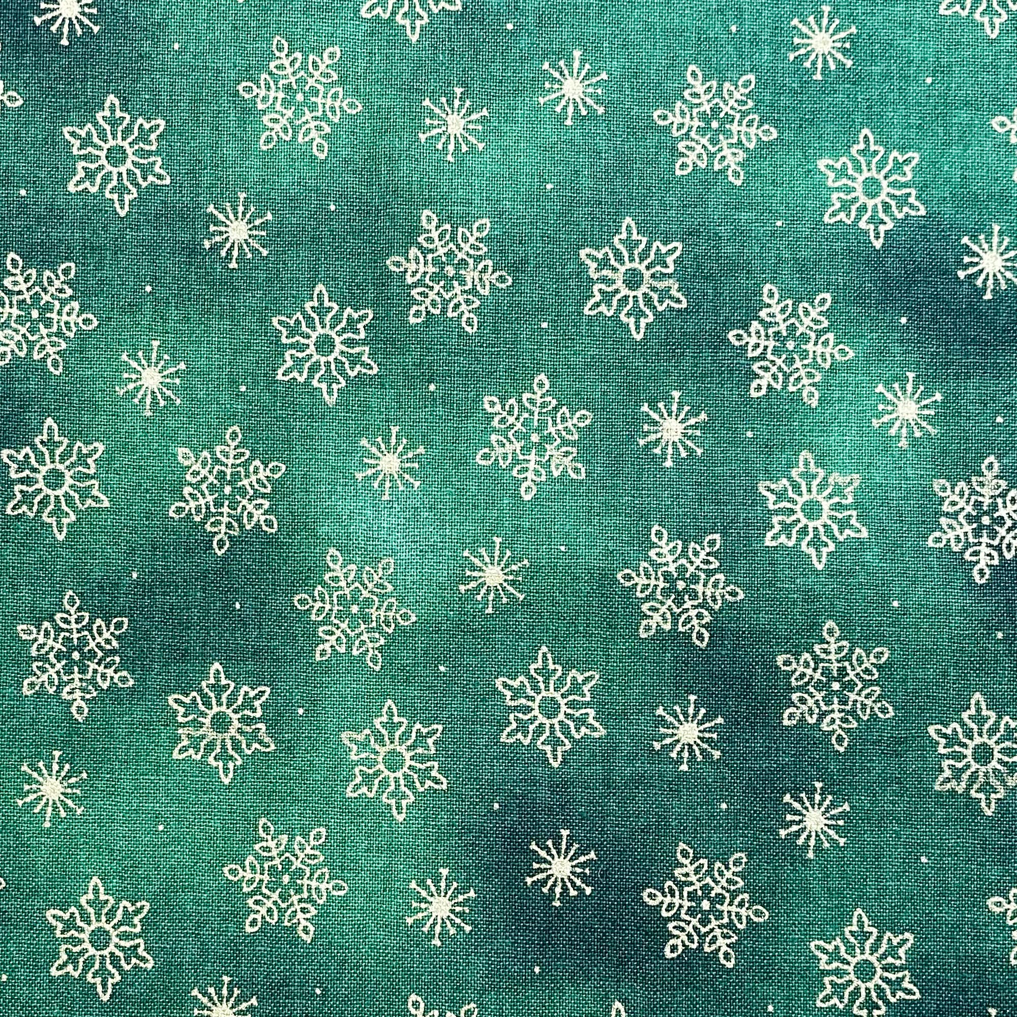 Christmas Fabric - Gold Snowflakes on Green - Xmas Craft Fabric Material Metre