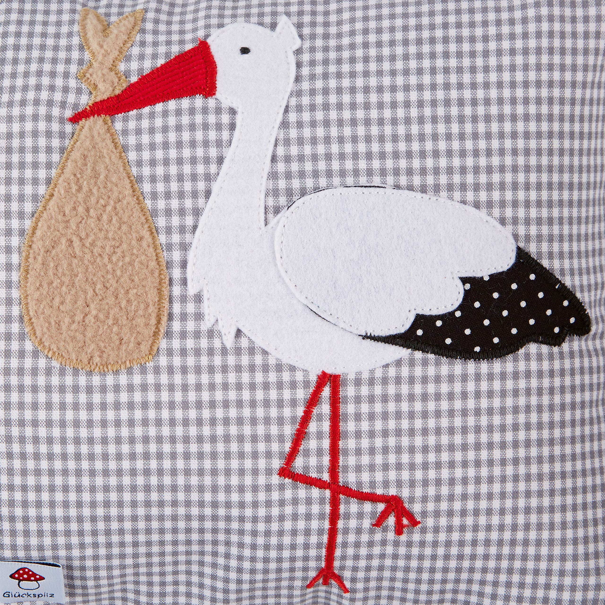 Glückspilz Namenskissen Babykissen, Storch, Grau, 25 x 35 cm
