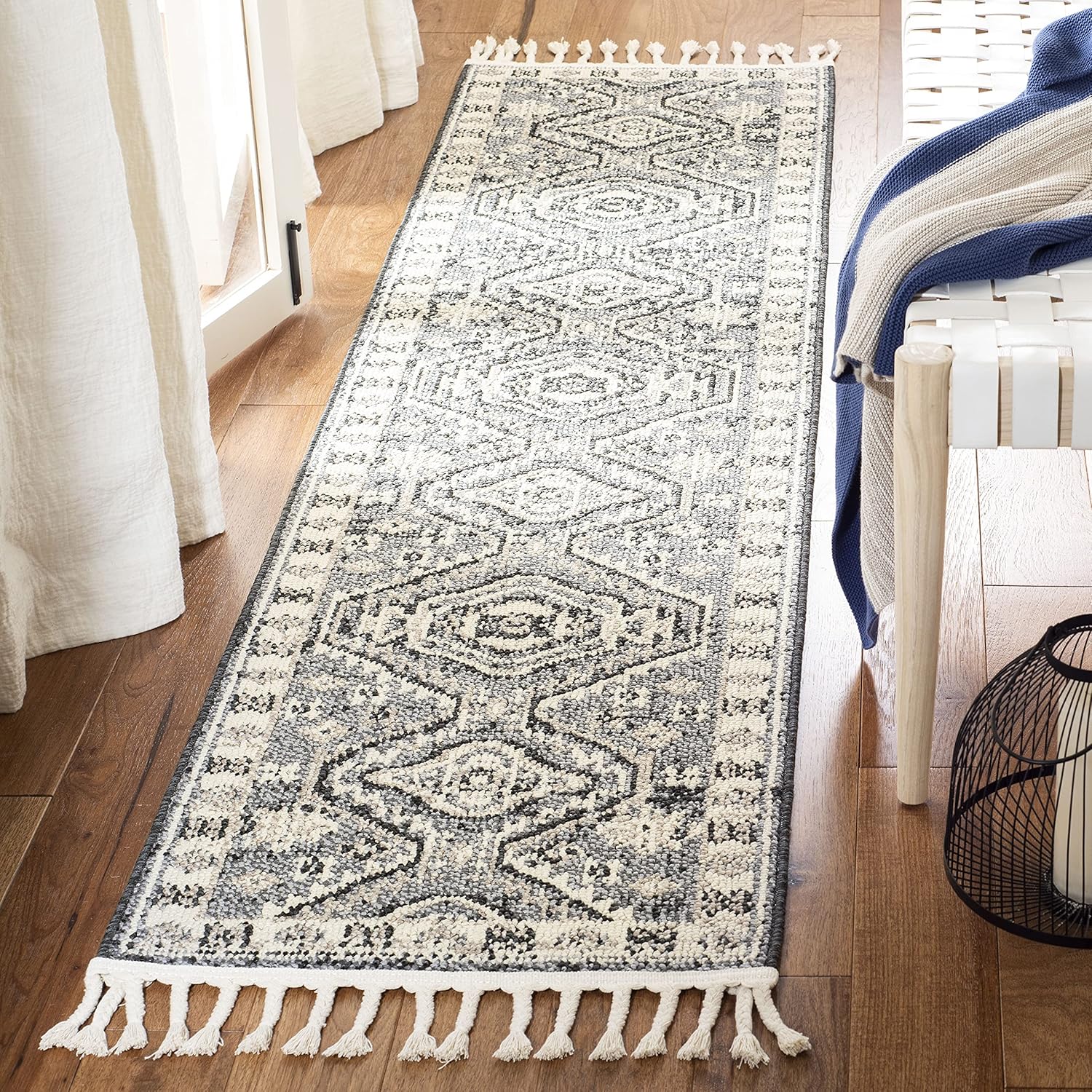 SAFAVIEH Marrakech Collection Runner Rug - 2' x 8', Navy & Ivory, Handmade Moroccan Boho Tribal Tassel, Ideal for High Traffic Areas in Living Room, Bedroom (MRK753N)