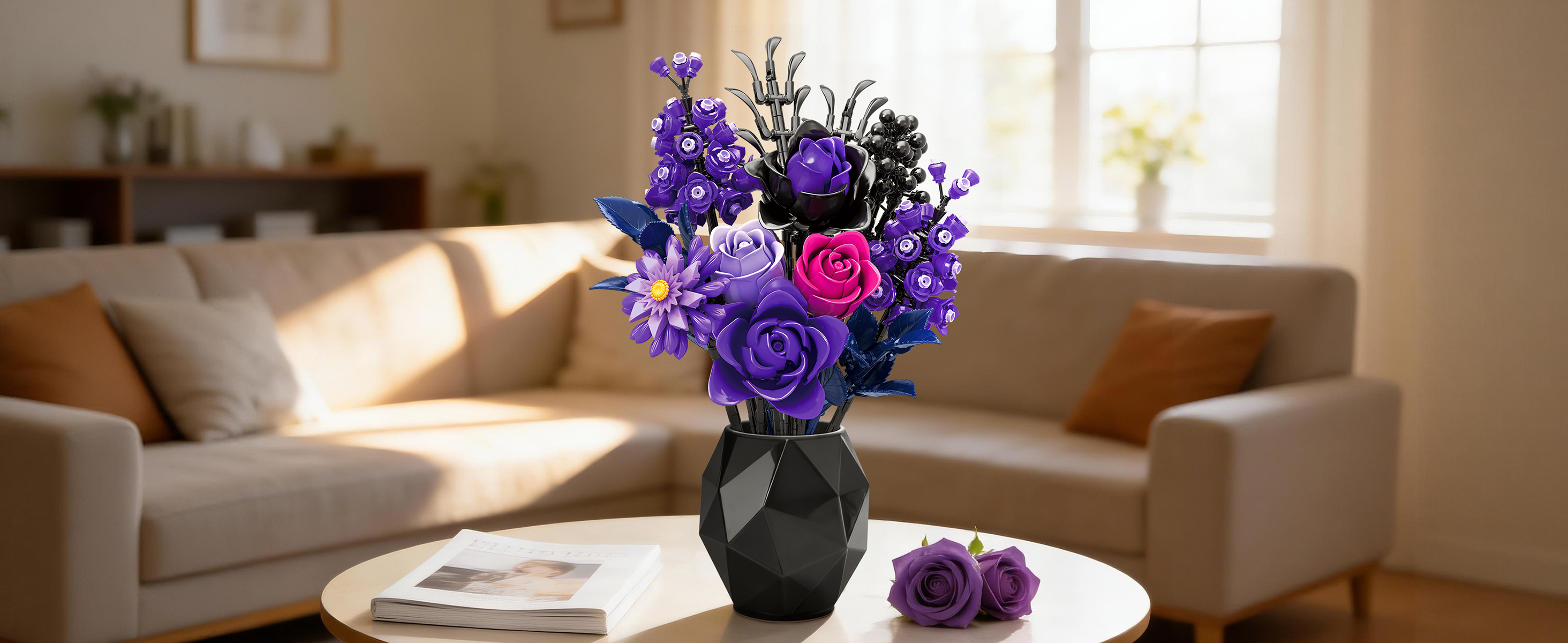 BeepZipp Gothic Black Purple Roses Bouquet - 822 Pcs Building