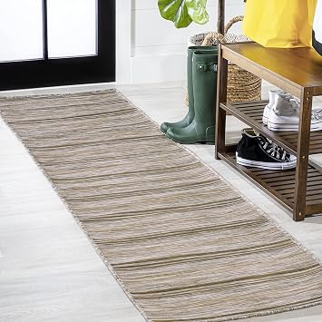Eyely Wide Stripe Runner Rug 2 X 8 Brown/Natural, Casual Indoor Outdoor Rug | Ships Rolled, Durable Flat Weave, Lays Flat for Backyard, Patio, Porch, Easy-Cleaning, High Traffic,Pet-Friendly,Non-Shedding