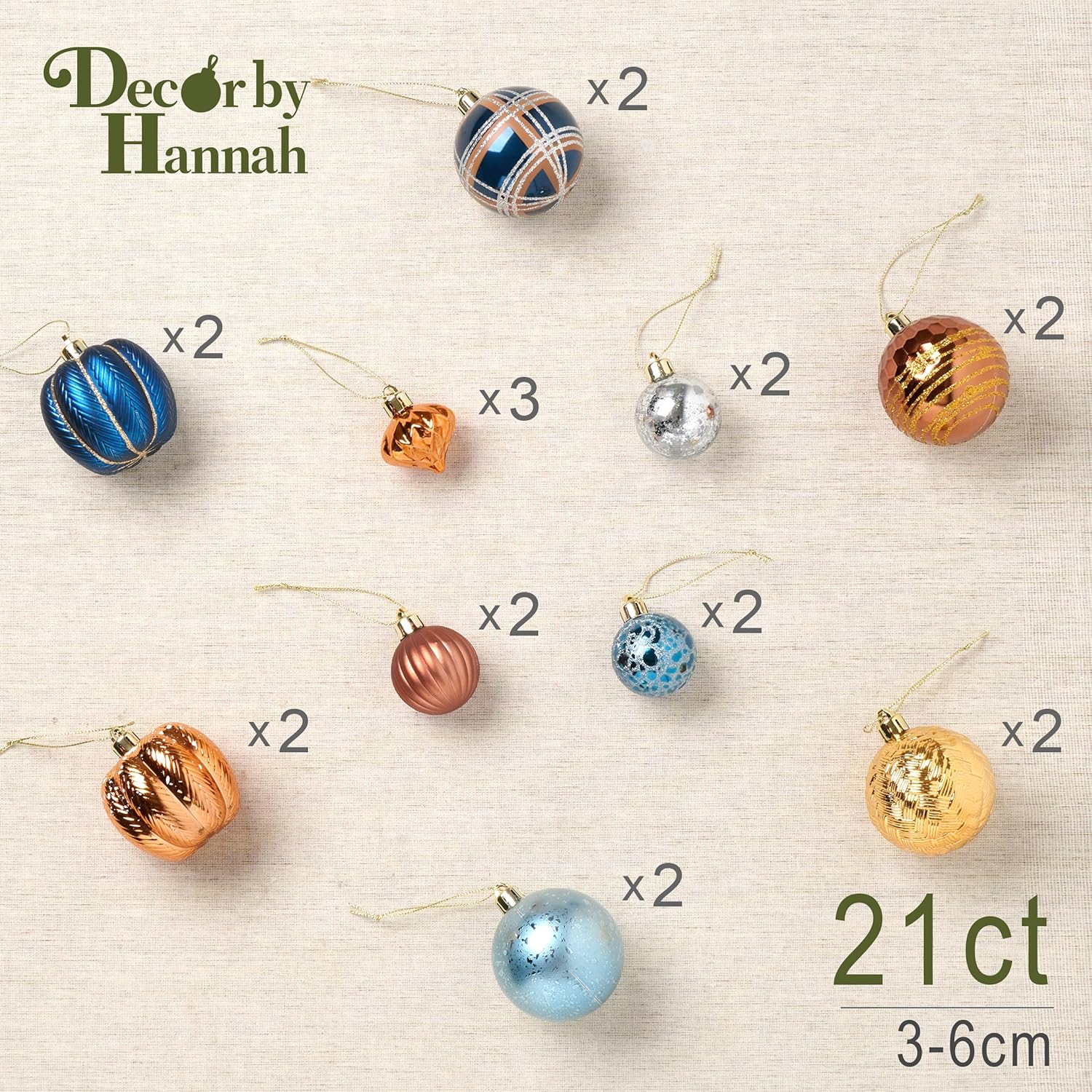 DecorbyHannah Woodland Christmas Ornaments Set, 21ct Blue Copper Bronze Ornaments for Christmas Tree Decorations, Shatterproof Plastic Decorative Hanging Ball Set for Xmas Holiday Indoor Party Decor